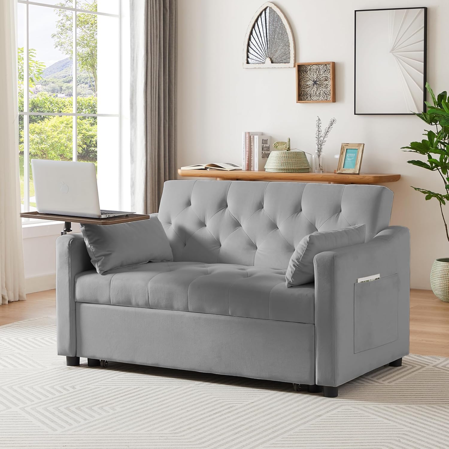 hansones 53.15" Convertible Sleeper Sofa Bed with Swivel Table, Adjustable Backrest & Side Pocket, Pull-Out Velvet Loveseat Futon for Small Spaces, Easy Assembly, 3-in-1 Couch Bed for Living Room