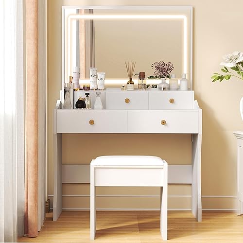 Miniatura 2 de COMHOMA Makeup Vanity Desk with Mirror and Lights, Vanity Table and Chair Set with 5 Drawers and Charging Station, Bedroom Dresser LED Mirror Color
