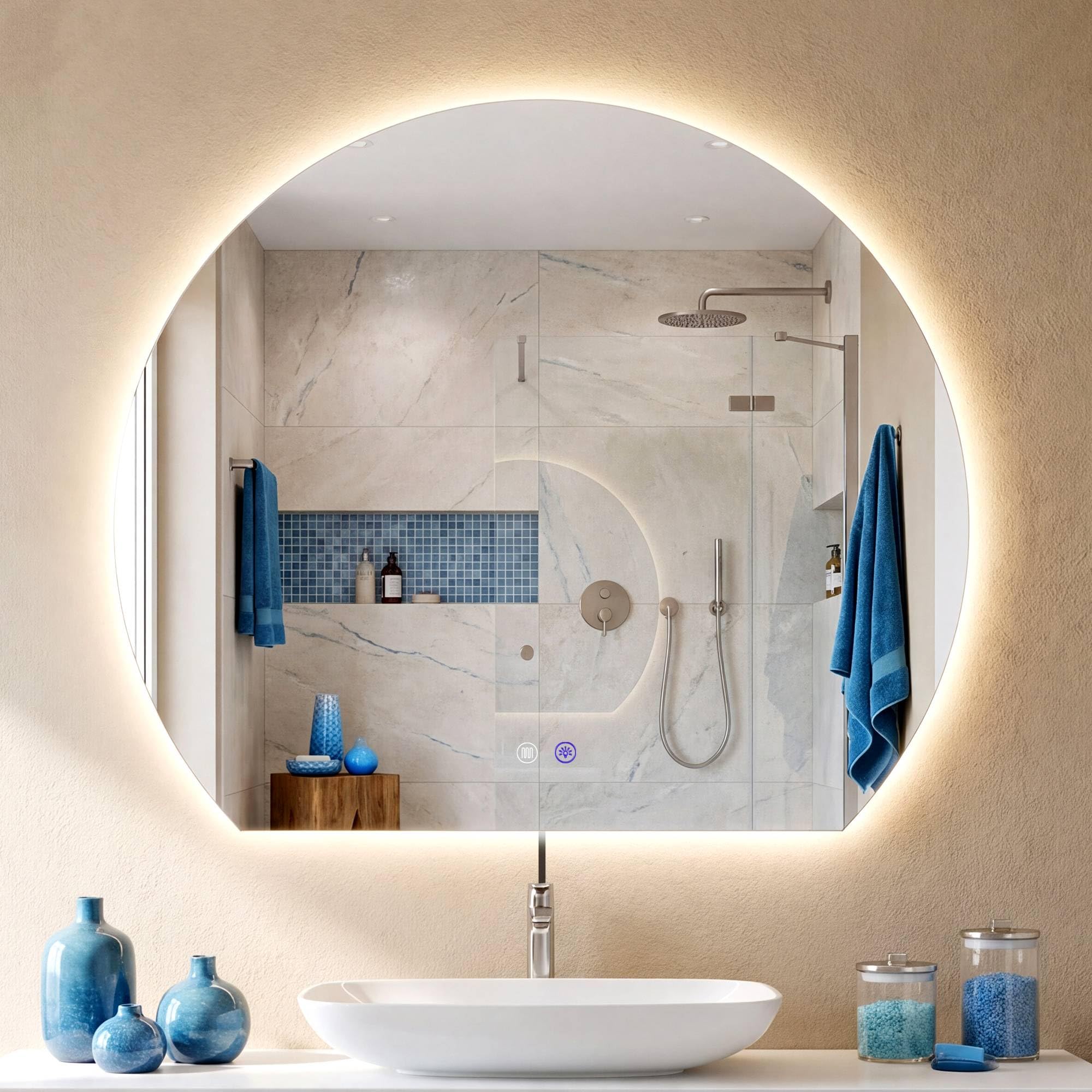 CLP Espejo de Bano LED semicircular, Espejo de Pared sin Marco con Sensor tactil, Regulable, 3 Tonos de luz, antivaho Baloni, Tamaño: