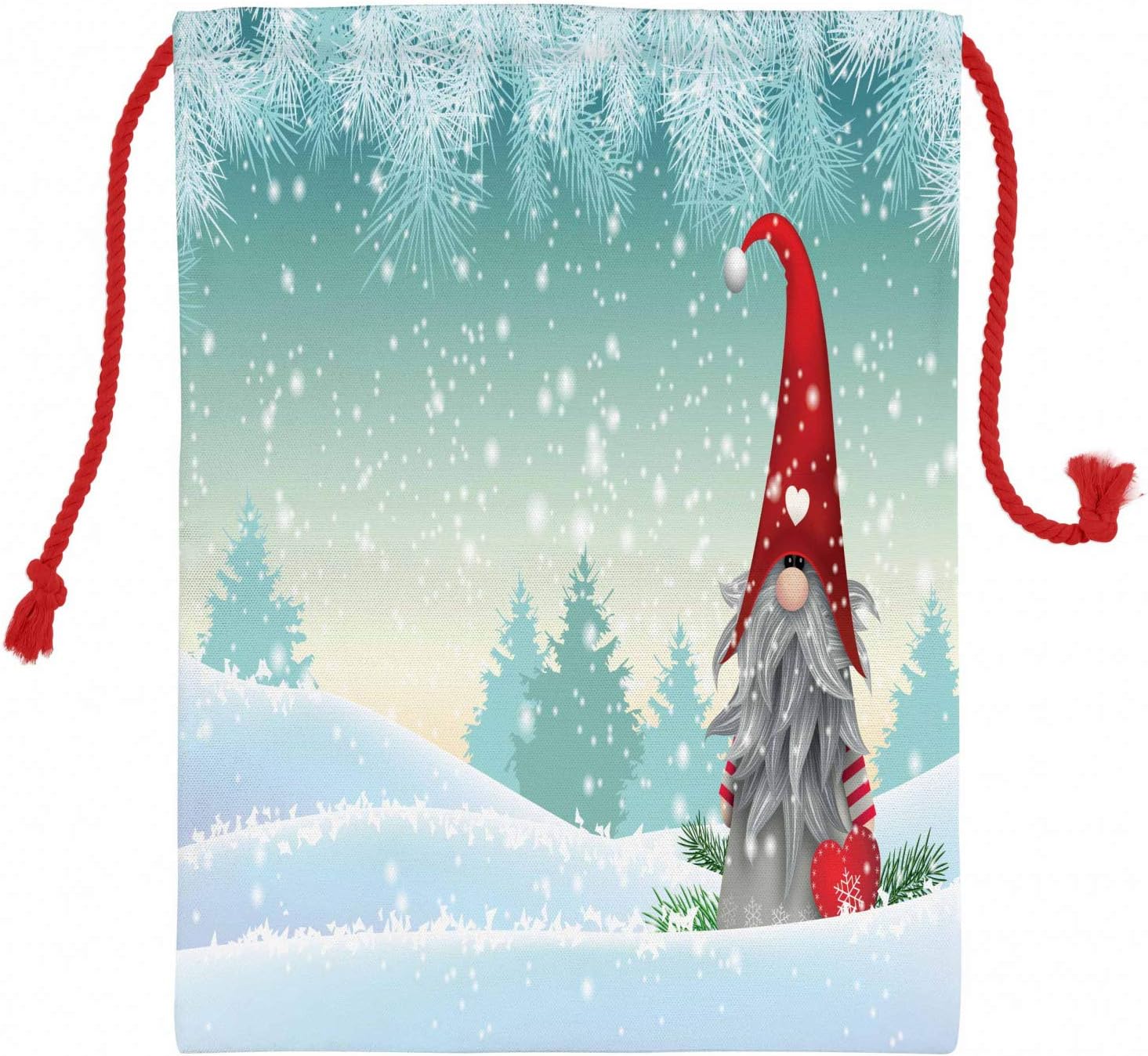 Ambesonne Gnome Christmas Gift Sack, Elf Tomte Standing on Snow on the Winter Finnish Christmas Theme, Santa Sack Bag Canvas Fabric for Gifts and Storage, 11.4" X 15.1", Mint Green Pale Blue