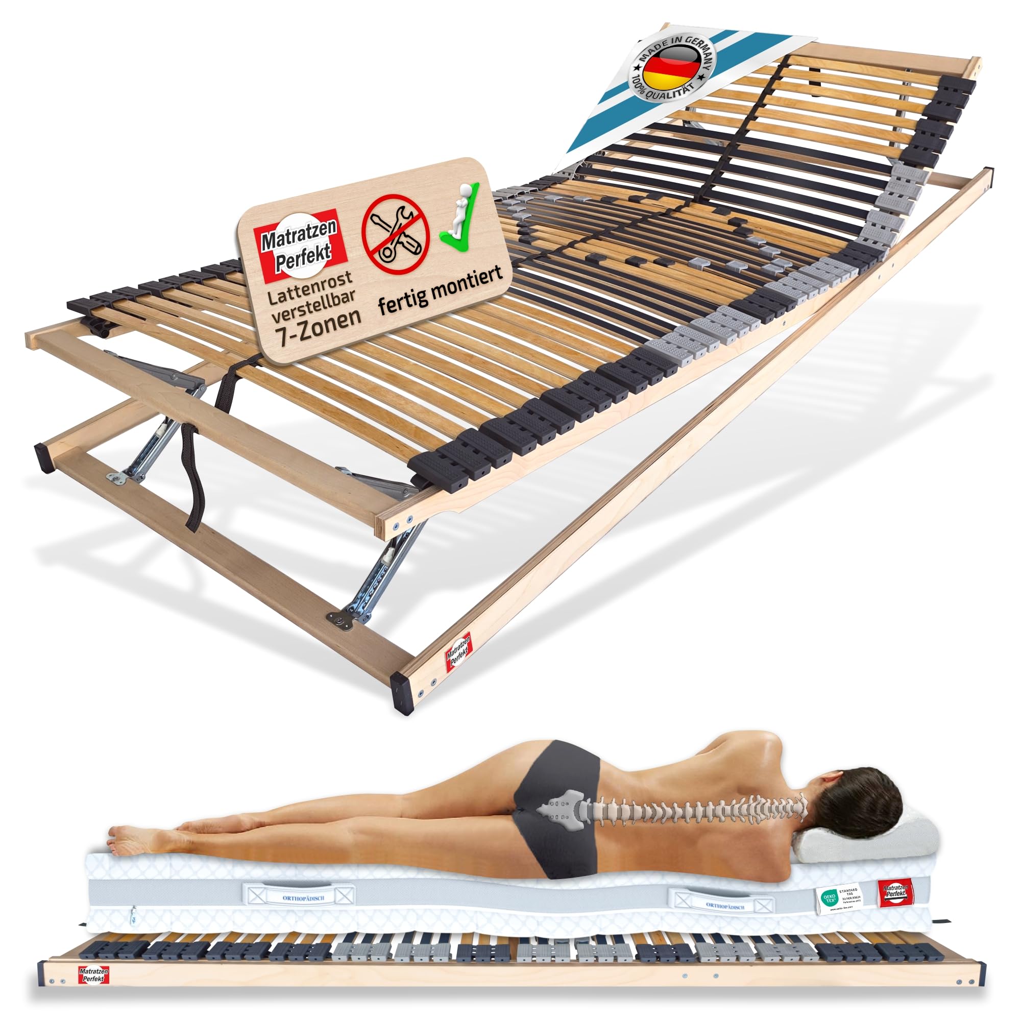 Matratzen Perfekt 7-Zonen Lattenrost 120x200cm Verstellbar 8,5 cm Hoch | Kopf- und Fußteil höhenverstellbar fertig montiert 42 Leisten Schichtholz Made in Germany belastbar 200 kg