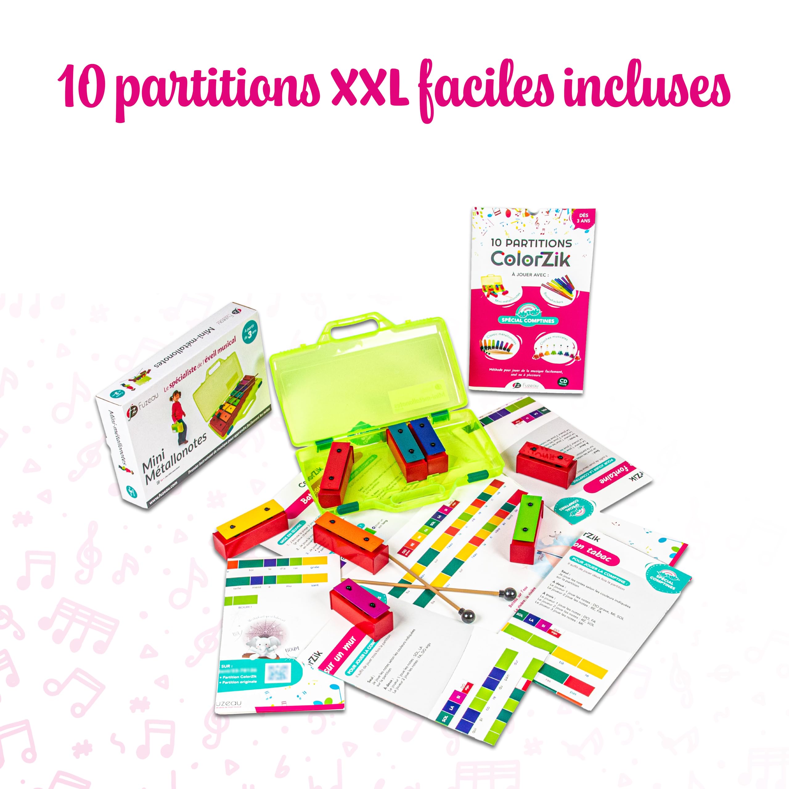 Fuzeau - Coffret ColorZik Comptines Avec Mini Métallonotes 8 Lames, Livre, CD, 10 Partitions XXL - Méthode Musicale Ludique Sans Solfège Pour Débutants - Jeu Éducatif Enfant Dès 3 Ans - Réf. 78233
