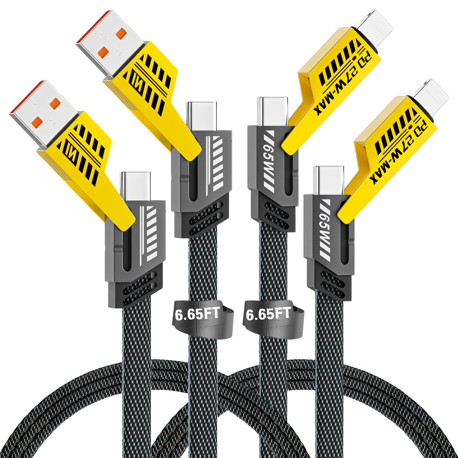2 Pack 6.65 FT 4-in-1 Multi Fast Charging Cable( Up to 65W & Data Sync), Flat Braided Nylon Cable with USB-A to C/USB-C to C/USB-C to L/USB-A to L,
