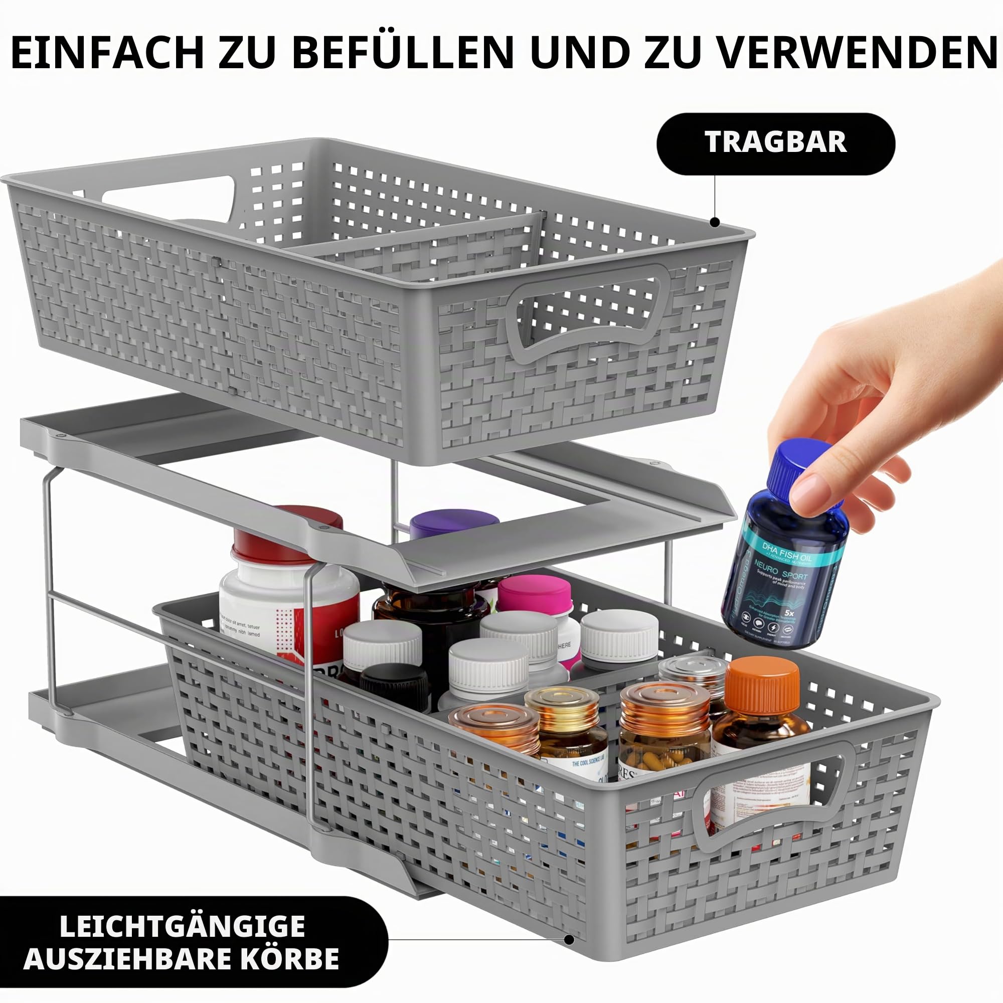 Simple Houseware 2-stöckiges Badezimmer-Organizer-Tablett, ausziehbare Schublade/Aufbewahrung unter der Spüle, Grau