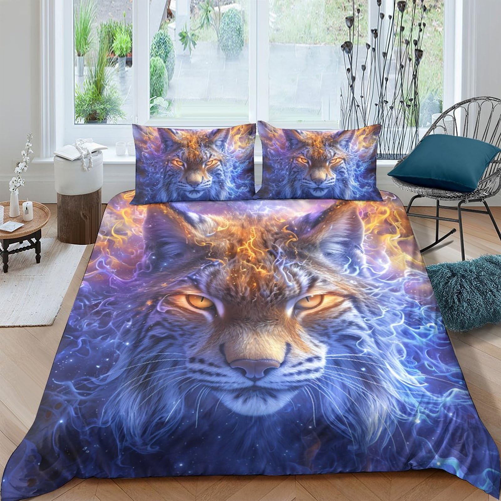Ctjqhvkz Style-6 3D Printed Fiery Wolf Fitted Sheet Microfiber Soft Breathable Mystic Forest Bed Cover For Bedroom Dorm Decor Protection Single（135X200cm）