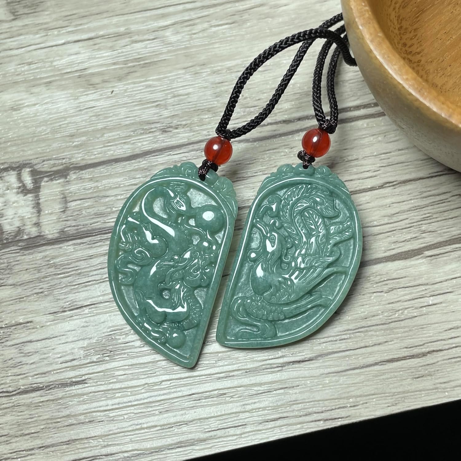 Real Jade Dragon Phoenix Couple Necklace Jewelry, Green Jade Pendant Charm, Heart Shape Matching Pair, Wedding Valentine Gift Idea - Image 4
