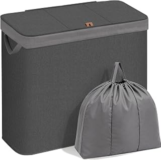 STORAGE MANIAC Triple Laundry Hamper with Lid, Metal Frame Laundry Baskets | 47.5 Gal. Large Clothes Hamper with PU Tag & Removeable Bag, Tall Laundry Bin for Dorm, Collage, Bathroom, Bedroom, Black