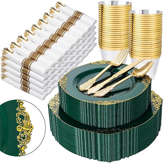 Nervure 350PCS Green Plastic Plates - Green Gold Plastic Dinnerware Sets for 50 Guests - 100 Disposable Plates, 150 Gold Silverware, 50 Cups, 50 Napkins for Wedding & Party & Christmas