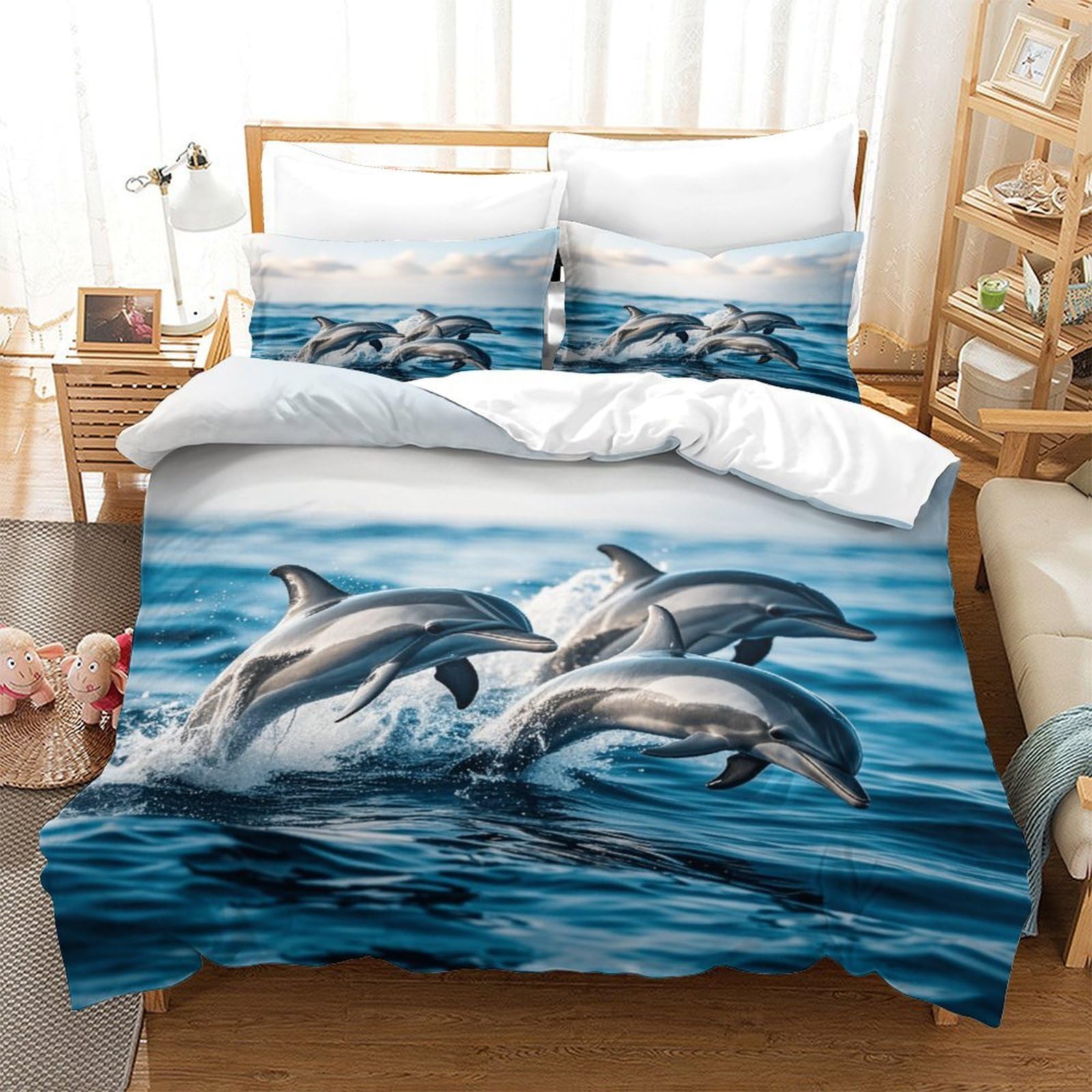 Hipoalergénico Delfines Juego De Ropa De Cama King（220x240cm）, Transpirable Azul Ocean Juego Sábanas De Cama, Microfibra Funda De Edredón Ultra Suave Y Ligero