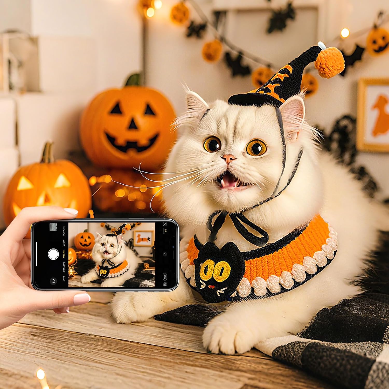 Small Dog Halloween Costume Cute Cat Costume Set Funny Knitted Doggie Scarf Pumpkin Puppy Witch Hat Black&Orange Halloween Outfit for Small Dog Chihuahua Yorkie Cat Bib Party Apparel