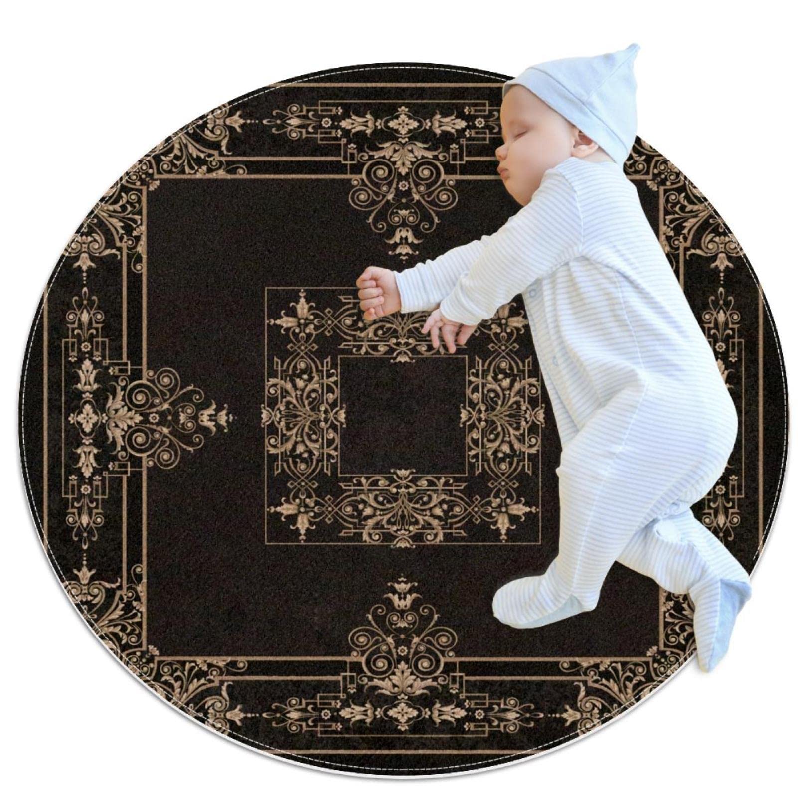 Tapis de salle de bain doré rond anti-glisse style baroque pour chambre