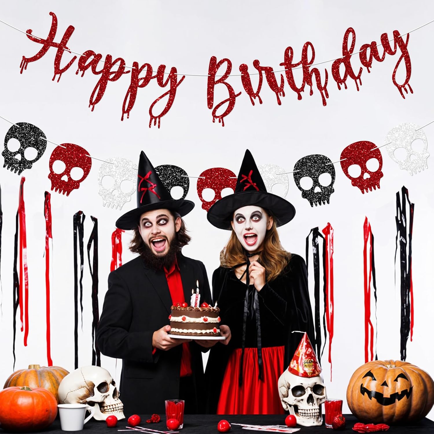 Red Glitter Skull Halloween Happy Birthday Banner with Blood Drop Skull Garland Banners for Horror Halloween Birthday Party Decorations - Image 8