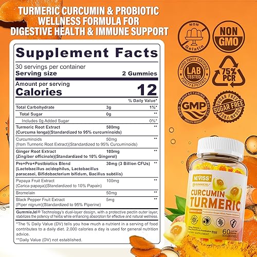 Vista 2 de Sugar Free Turmeric Curcumin Filled Gummies 550mg for Adults, Ginger & Black Pepper 95% Curcuminoids w/Prebiotic Probiotic & Postbiotic Blend