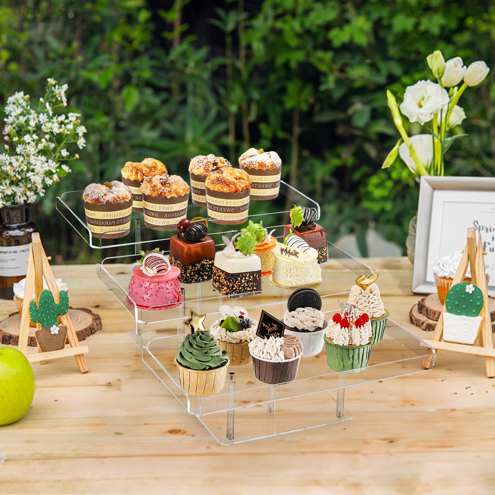 Juego de mesa de postre de acrílico, soporte transparente para cupcakes de 3 niveles, bandeja elevadora de alimentos para bodas, fiestas de cumpleaños, baby shower, bufé