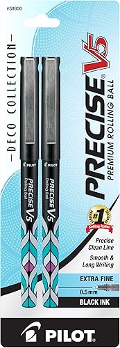 Pilot, Precise V5 Deco Collection - Bolígrafos de tinta líquida con tapa, punta extrafina de 0.020 in, color negro, paquete de 2