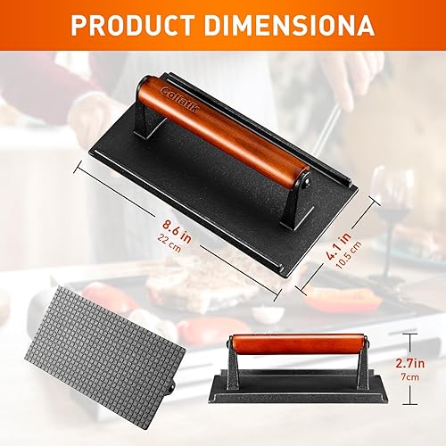 Miniatura 2 de Coliatik Prensa de hamburguesa rectangular de 8.3 x 4.3 pulgadas, kit de hierro fundido resistente con mango de madera, perfecto para cocinar a la