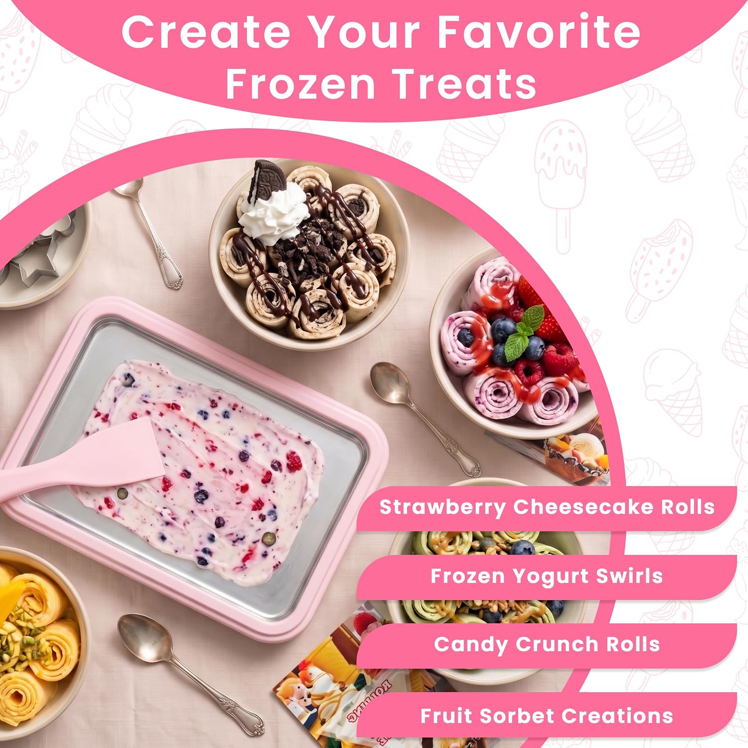 Rolled Ice Cream Maker, Instant Ice Cream Roller Tray 2 Spatulas, 6 molds & 1 Spoon Food Grade Stainless Steel Cold Plate No-electricity for Fun Family Activities, Rolled Ice Cream Machine (Pink)