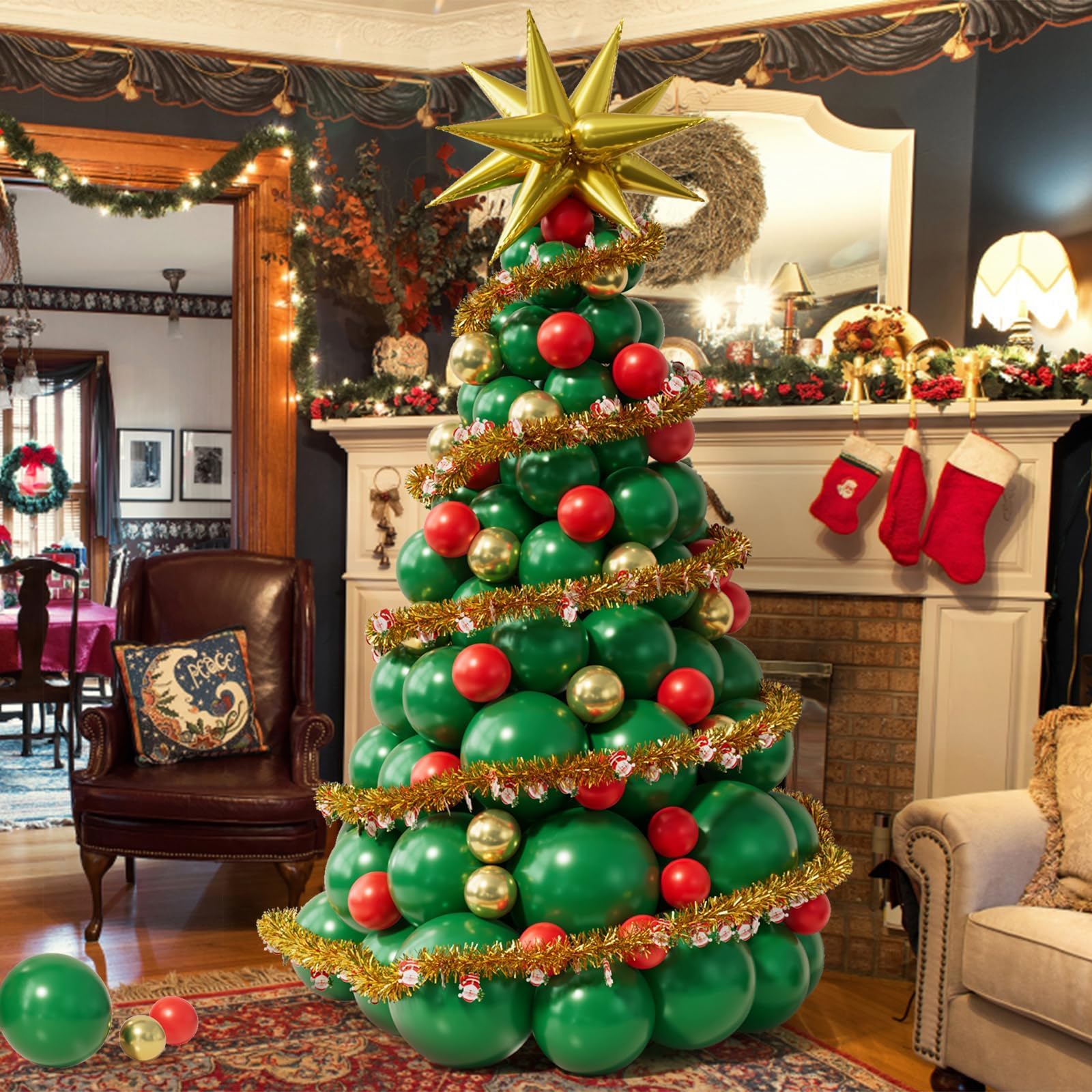 Bonropin Christmas Balloon Garland Arch Kit Christmas Tree Balloons with Red Green Gold Balloons Christmas Gold Starburst Balloons Xmas Hanging Supplies for New Year Winter Christmas Party Decorations