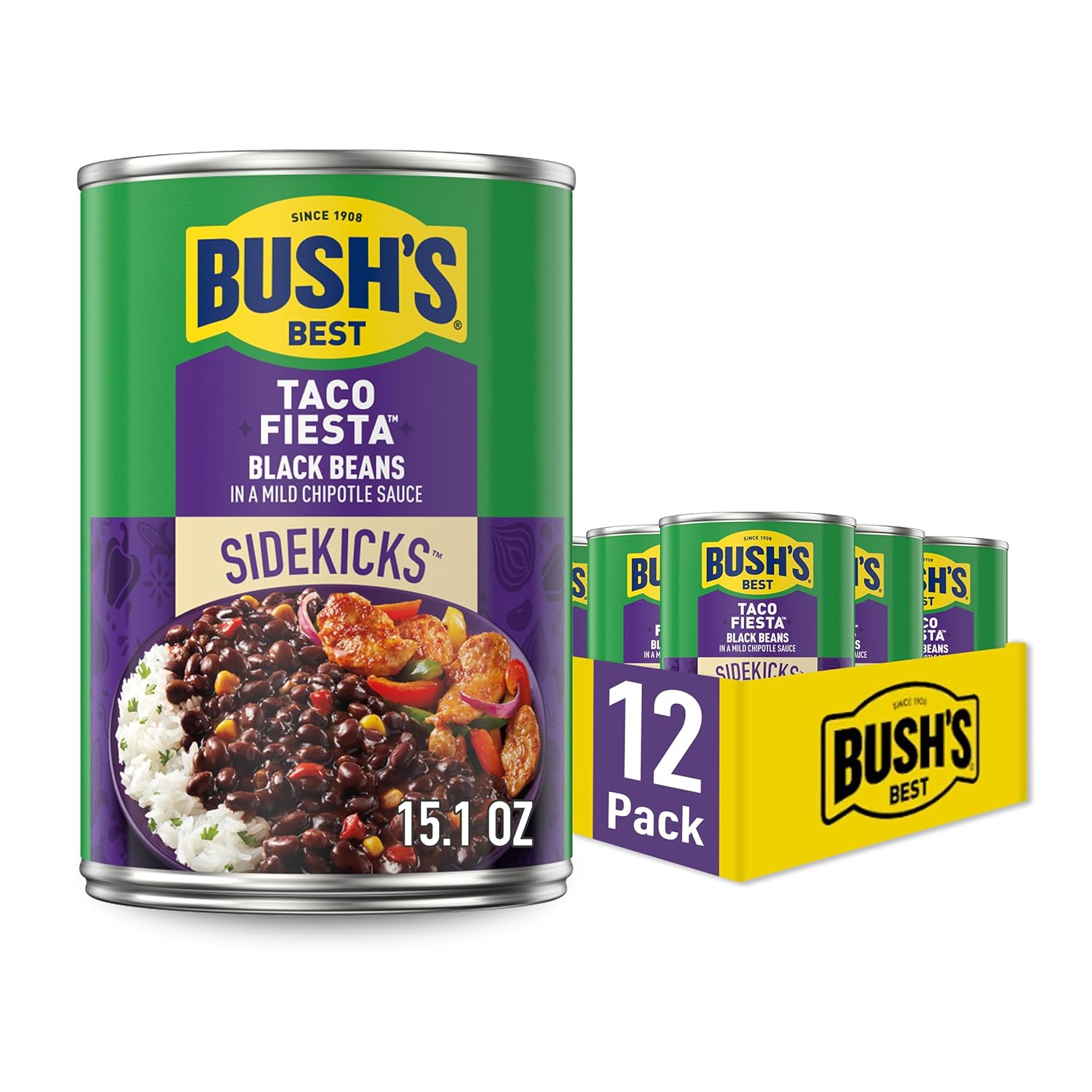 Bush's Best Taco Fiesta Black Beans 15.1oz Cans, Pack of 12 - Gluten-Free, Low-Fat Protein & Fiber for Tacos & Tex-Mex