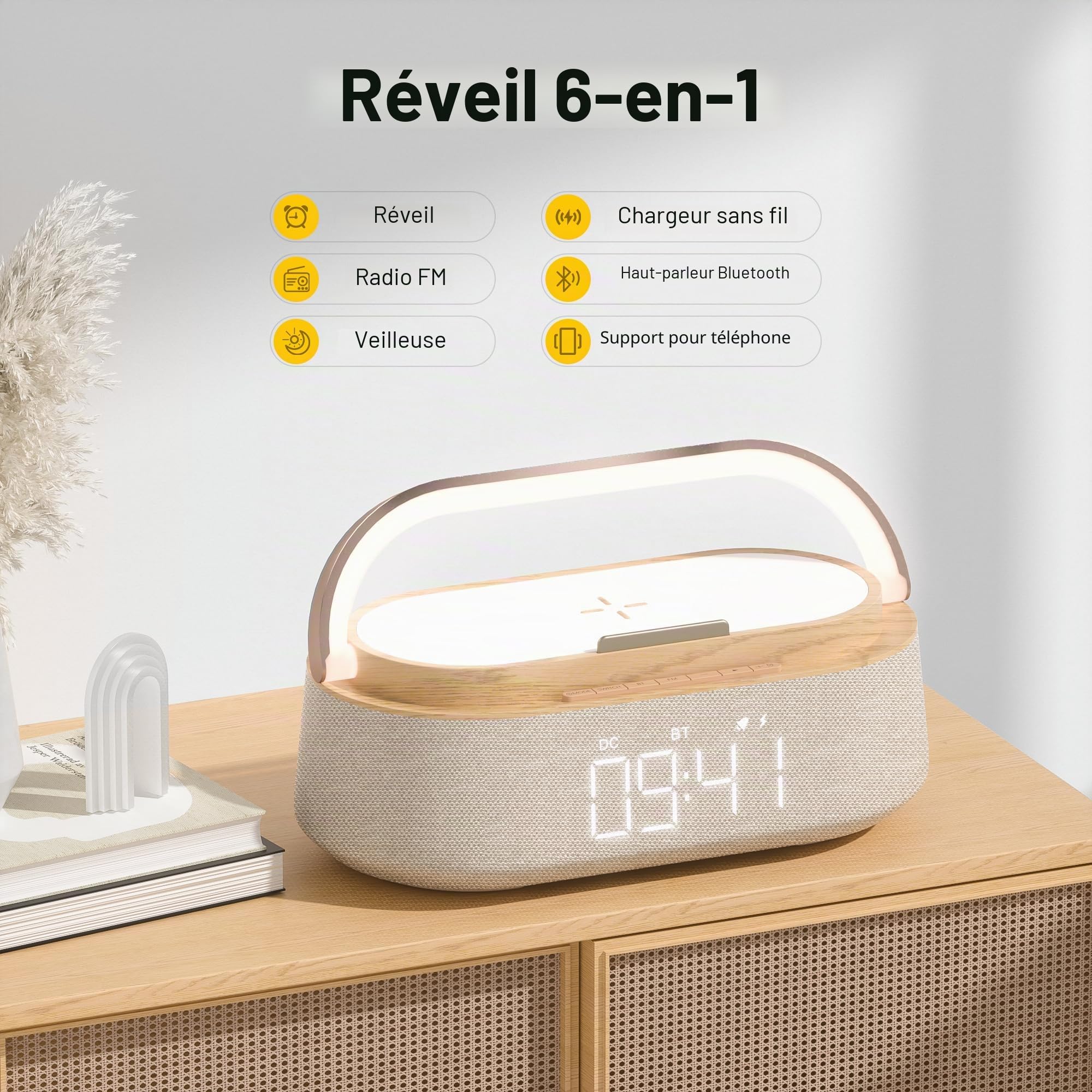 COLSUR Radio Reveil Digital avec Chargement sans Fil, Multifonctionnel Radio FM avec Port de Chargement USB, Réveil Matin Enceinte Bluetooth, Affichage LED, Lampe Cadeau Homme Femme