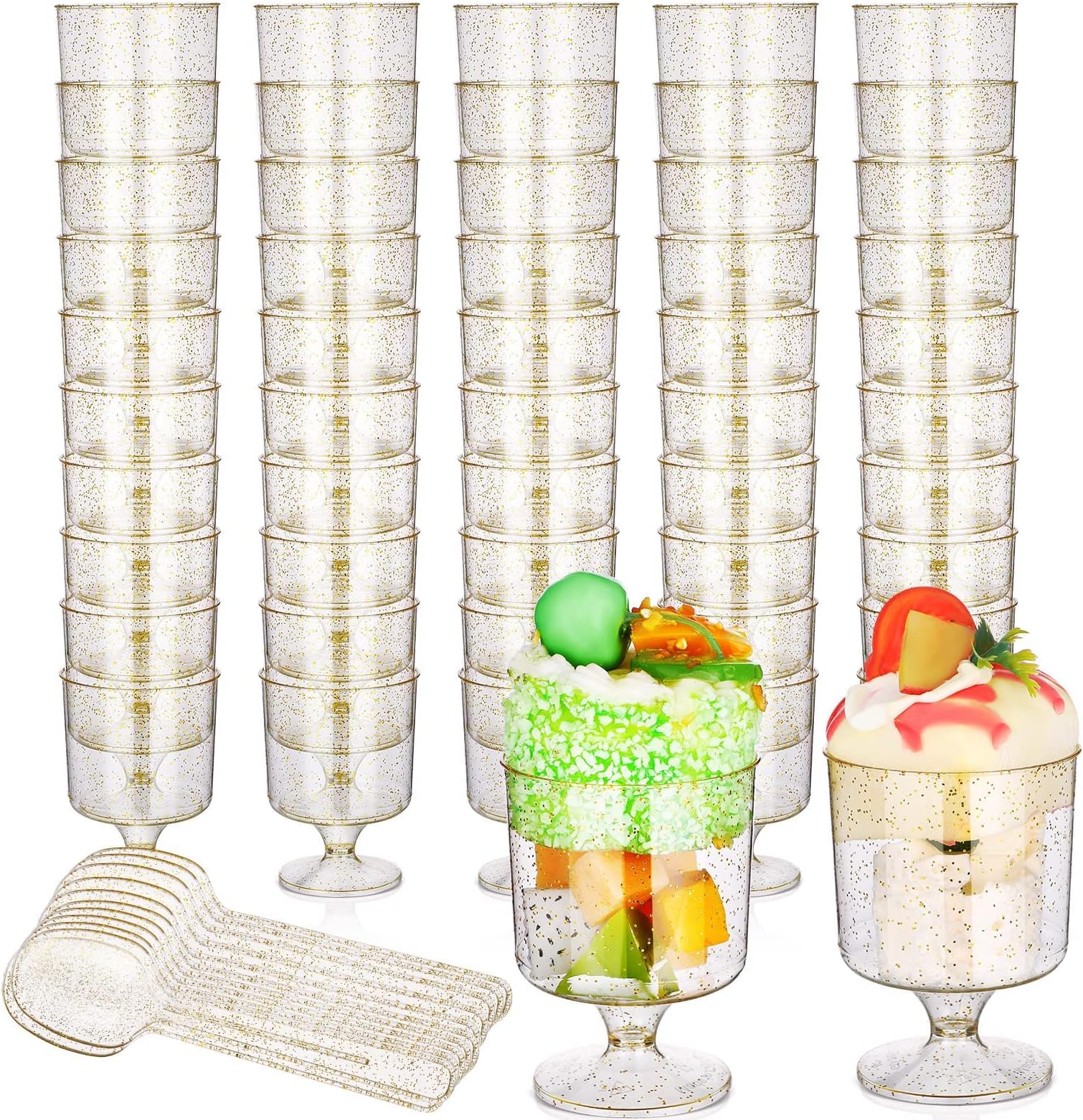 MAKINGTEC 50 Pcs 6 oz Dessert Cups with 50 Pcs Spoon Disposable Gold Glitter Plastic Cups Plastic Goblets Tasting Spoon Goblet Glasses Ice Cream Bowls for Wedding Party