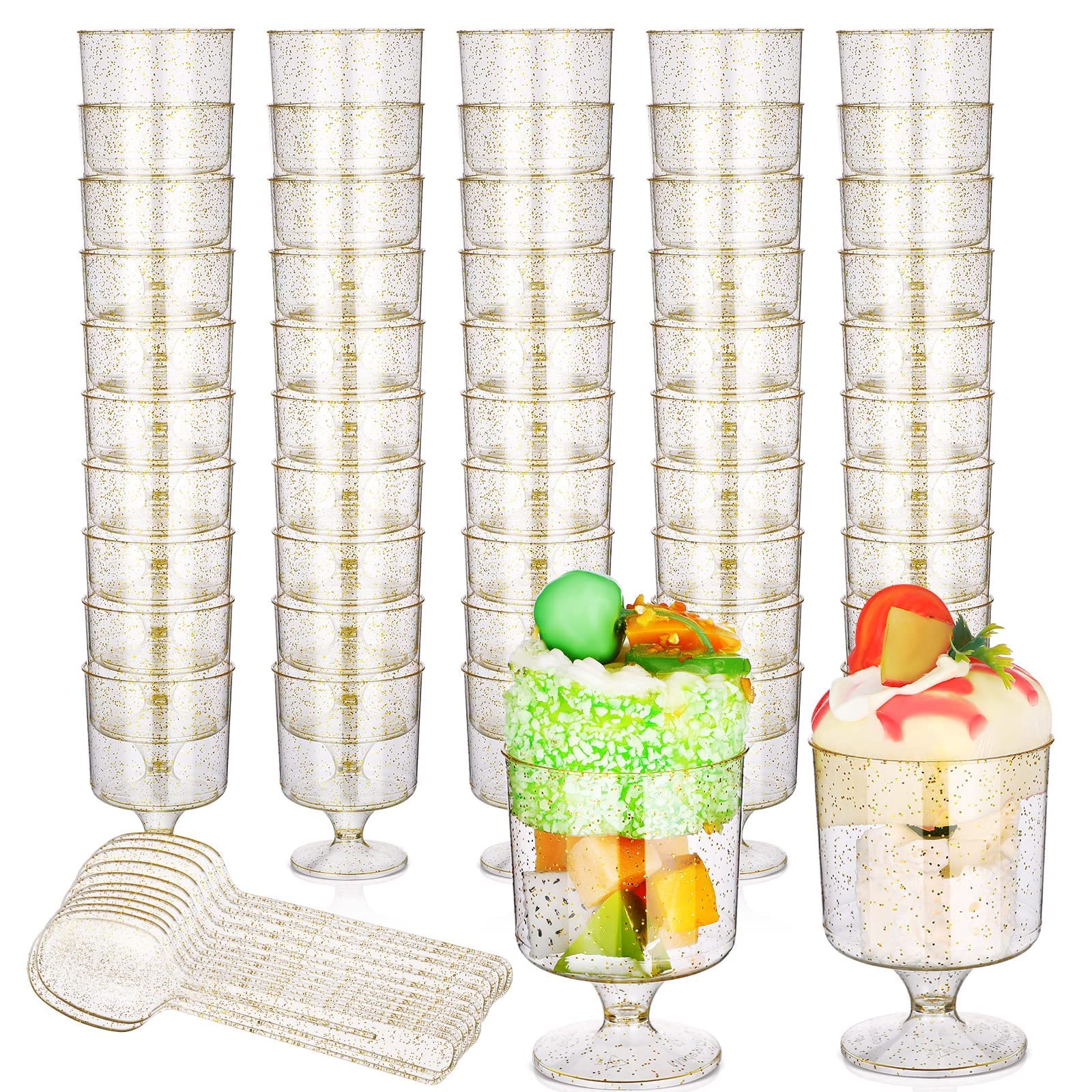 MAKINGTEC 50 Pcs 6 oz Dessert Cups with 50 Pcs Spoon Disposable Gold Glitter Plastic Cups Plastic Goblets Tasting Spoon Goblet Glasses Ice Cream Bowls for Wedding Party
