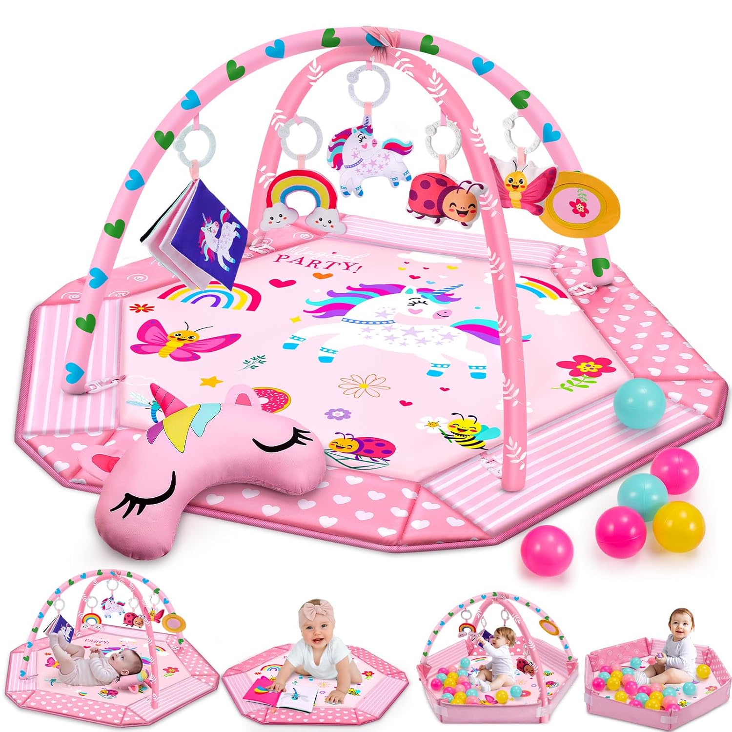 Unicorn Play Arch Baby with Moon Cushion, 4 Sensory Toys, 1 Mirror, 1 Cognitive Fabric Book and 12 Balls, Unicorn Play Mat Baby for Babies from Newborns and Children, 0-6-9-12 Months