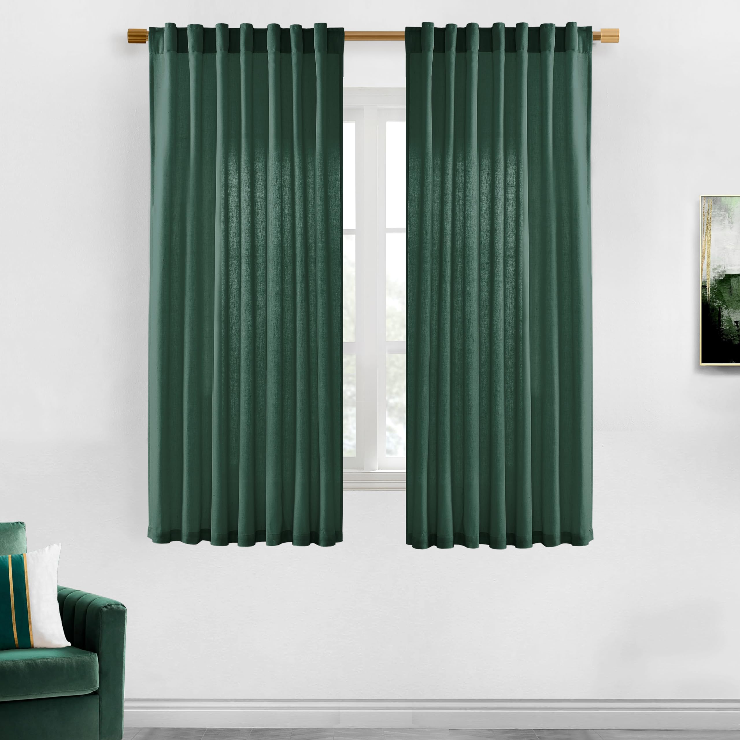 XTMYI Dark Green Curtains for Bathroom Set Decor,Linen Sheer Leaf Green Boho Curtains for Kitchen 63 Inch Length 2 Panels,Deep Pine