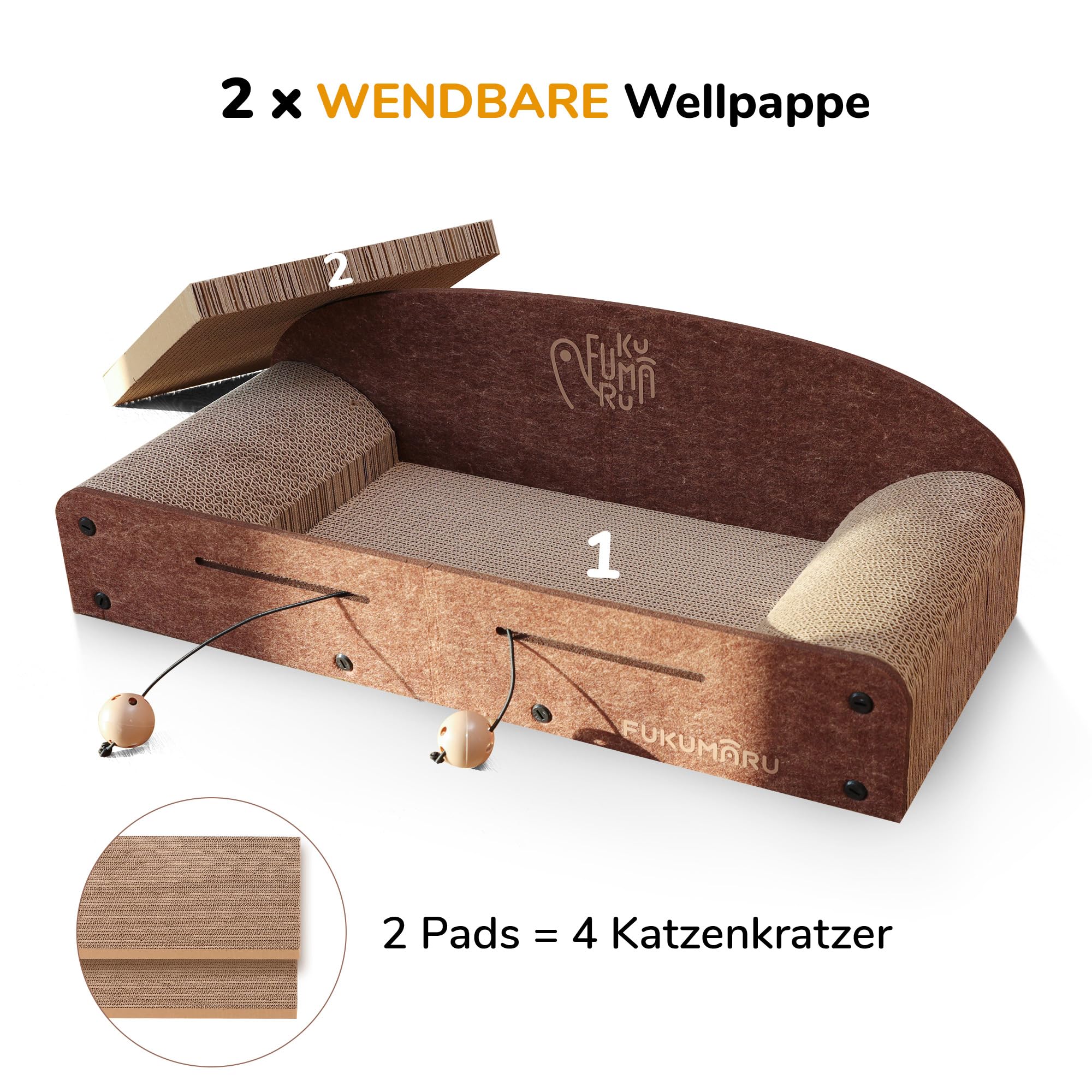 FUKUMARU Kratzbrett Katzen, 66CM langlebiges Kratzpappe und Filz, große Liege, 2 wendbare Katzenkratzpads für Katzen, recycelbares Katzenkratzbett aus Wellpappe mit Glockenballspielzeug, Karamellfarbe
