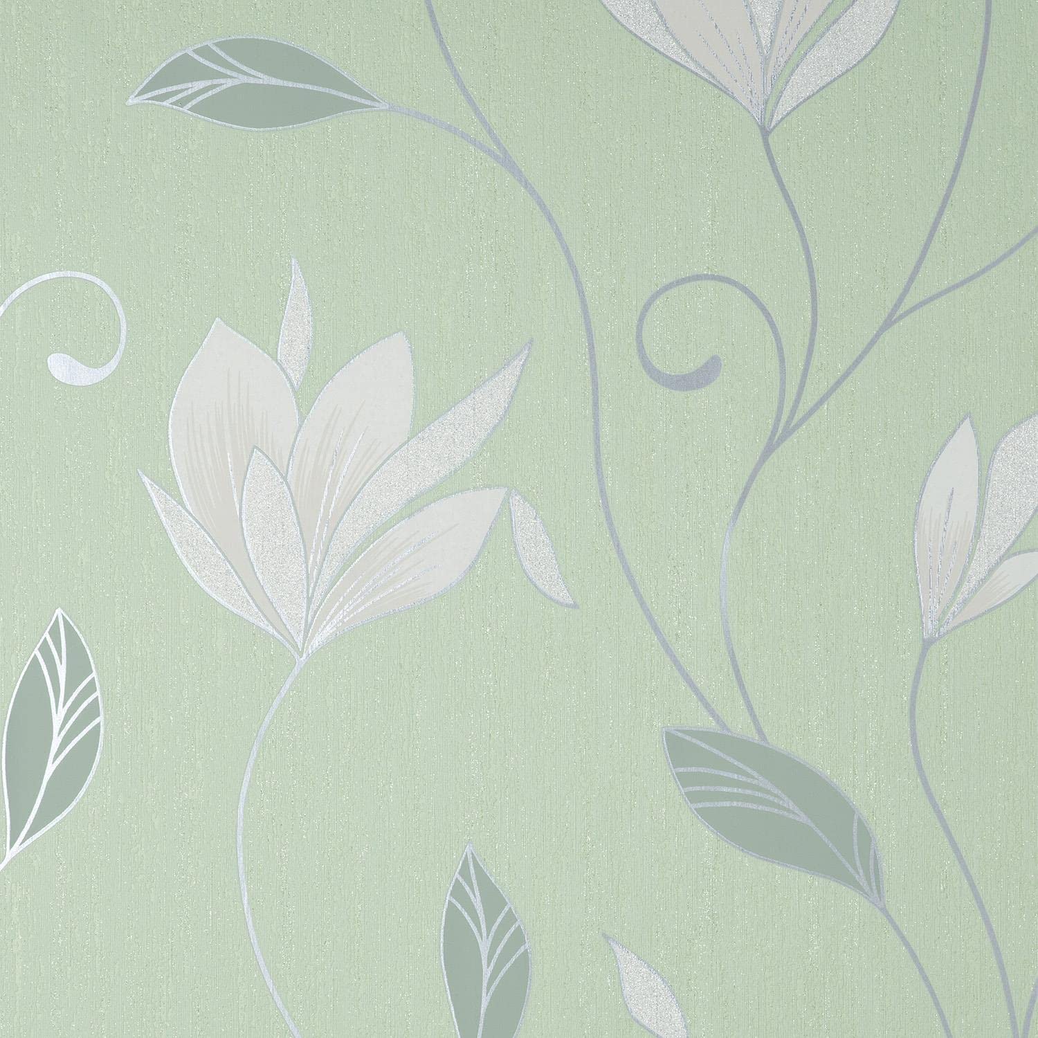 Yöl Green Floral Synergy Floral Green Wallpaper - Silver Glitter Metallic Modern Textured Feature Wall Contemporary