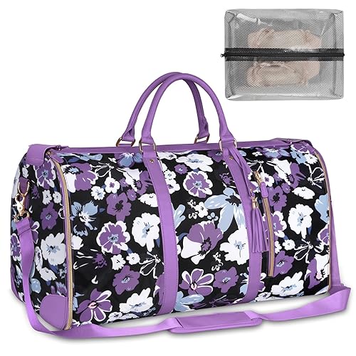 Carry On Garment Bag for Women, Convertible Garment Bag for Travel with Shoe Pouch, Water Resistant Travel Duffel Bag, 2 in 1 Hanging Suitcase Suit Travel Bags Weekender Bag, Floral - Floral - Tote