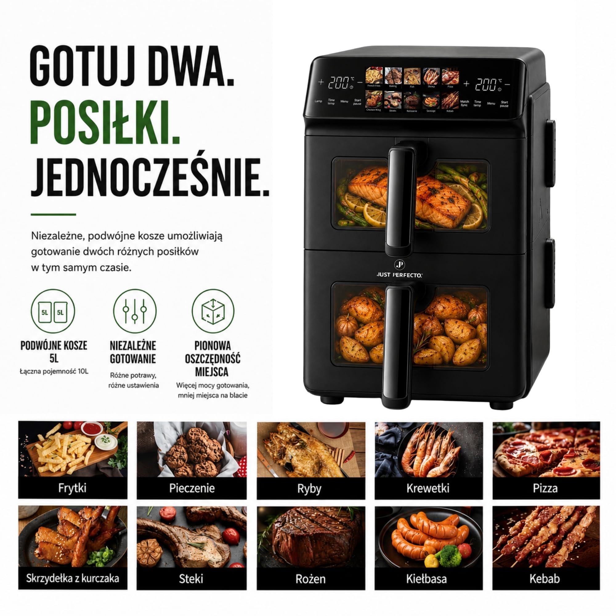 Just Perfecto Airfryer 10L Frytkownica Beztłuszczowa Podwójna Szuflada