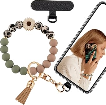 Silicone Beaded Phone Wrist Strap for Women, BPA-Free Silicone | Elastic wristlet with tether tab, 12mm BPA-Free silicone beads with printed accents for daily shopping and travel use.