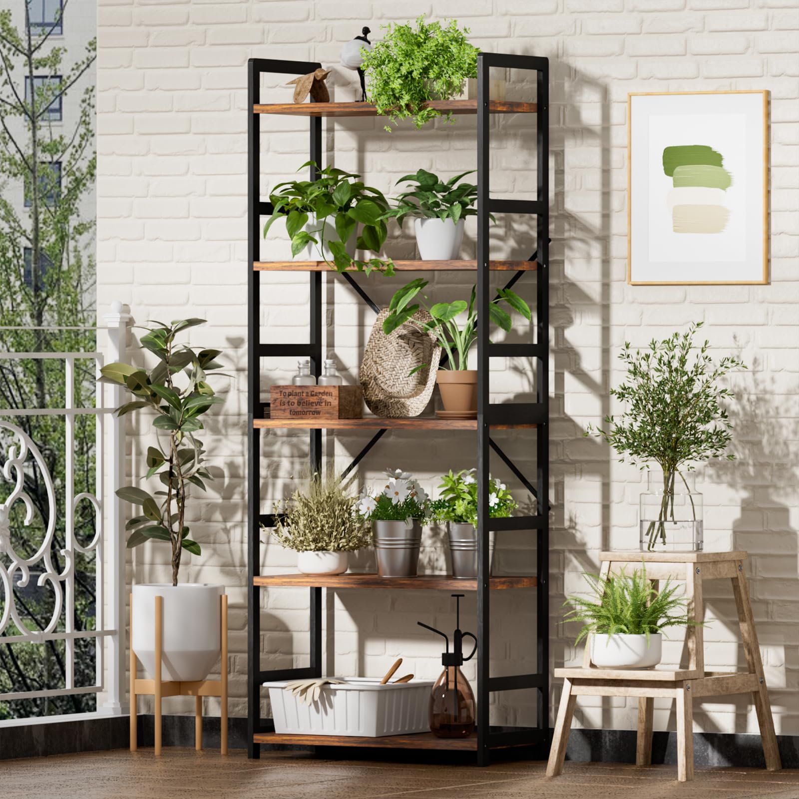 Libreria a 5 Ripiani, Scaffale Legno, Stile Industriale Librerie Verticale Portaoggetti per Ufficio, Cucina, Soggiorno, Camera da Letto, Studio (30 x 60 x 158 cm, Marrone Vintage e Nero)