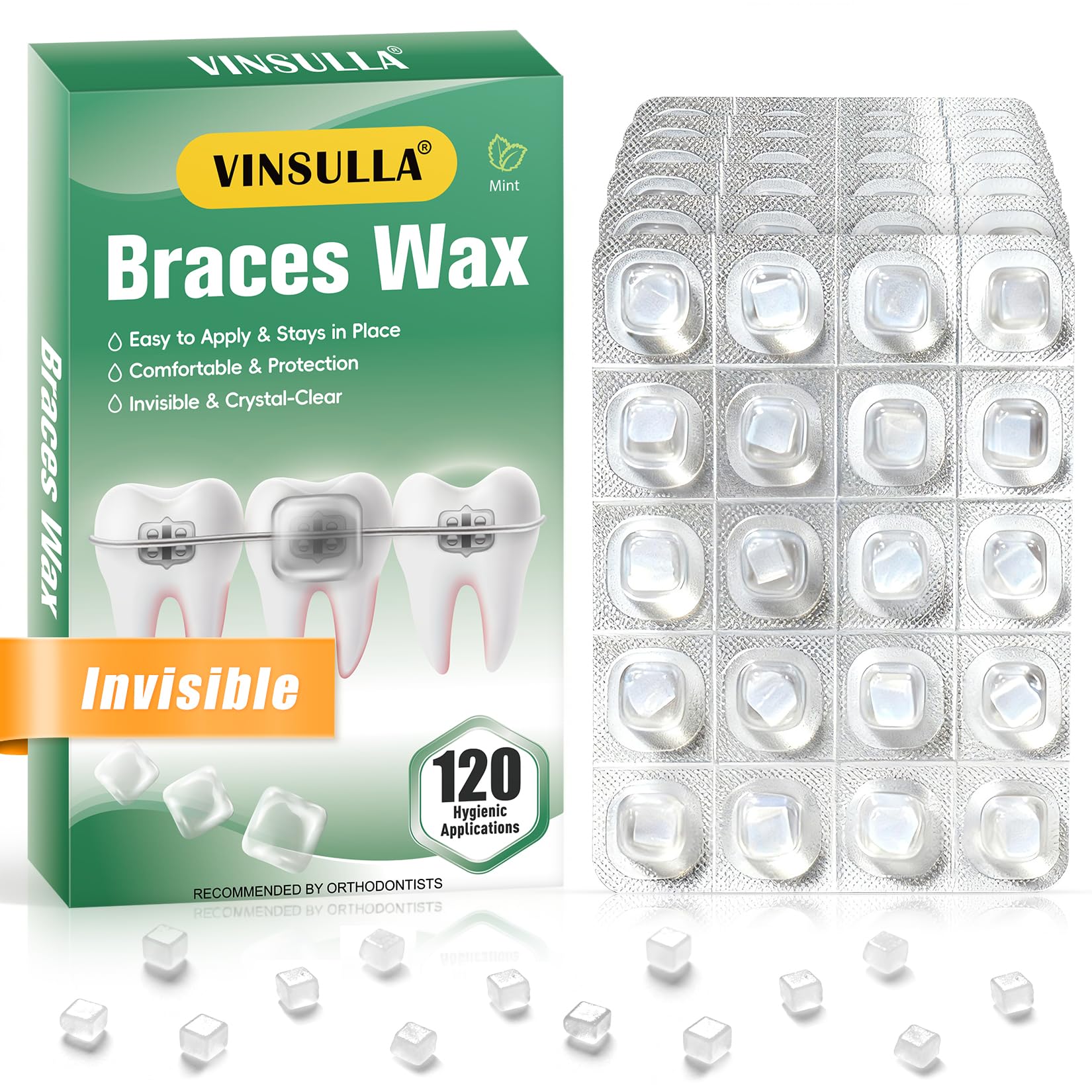 VINSULLA Orthodontic Clear Dental Wax for Braces,Food-Grade,Mint,120CT | Invisible Protection Long-Lasting Dental Wax Dots with Strong Adhesive,Individually Wrapped for Portable Oral Care