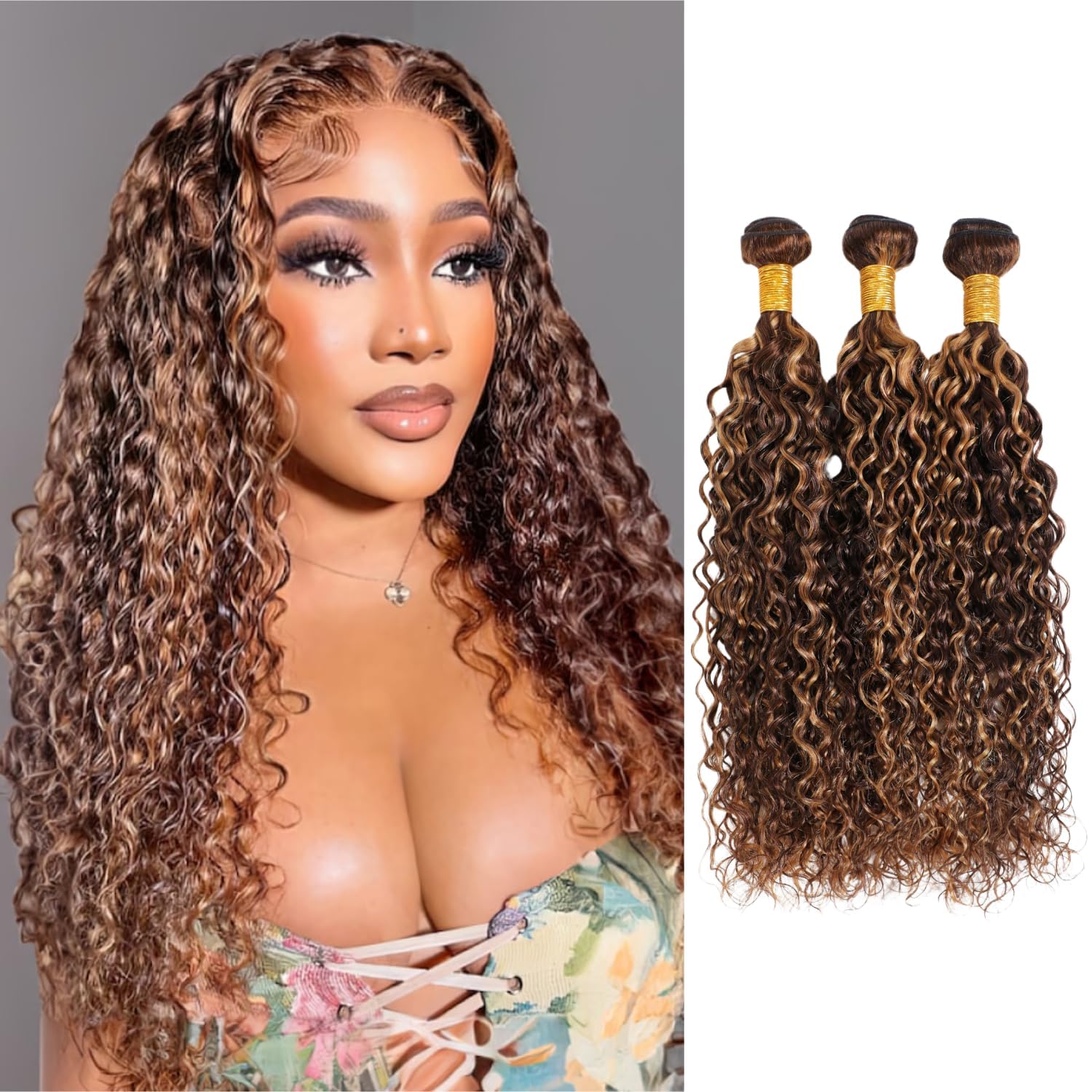 Brazilian Highlight P4/27 08 10 12 Inch Water Wave Bundles Human Hair 11A Unprocessed Virgin Weave Hair for Black Women Highlight 4/27 Color