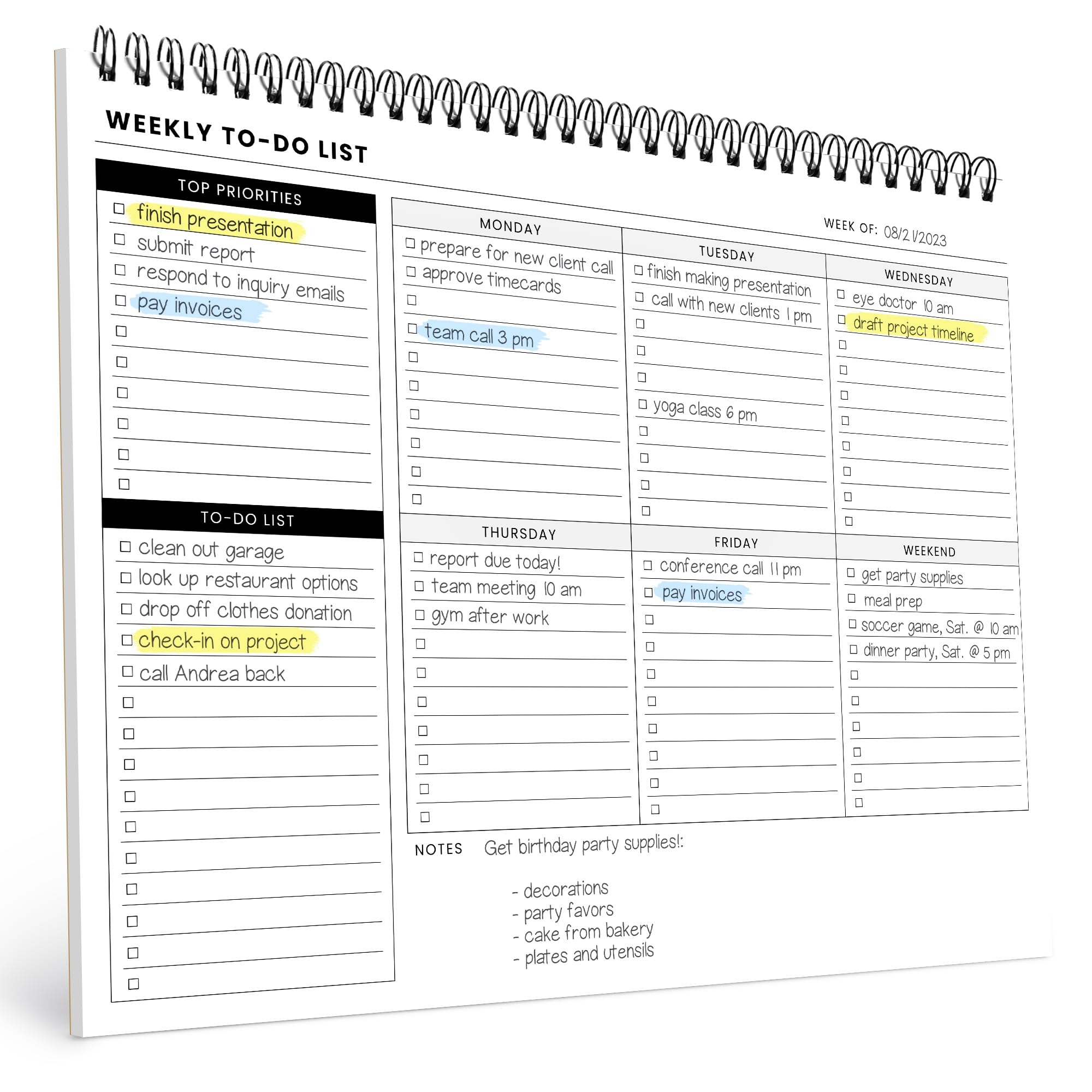 Of a Happy Kind Weekly To Do List Spiral Planner Pad - 8.5x11 52 Sheets - Desk Notepad with Multiple Sections - Undated Planning Notebook Checklist, Todo Agenda Plan