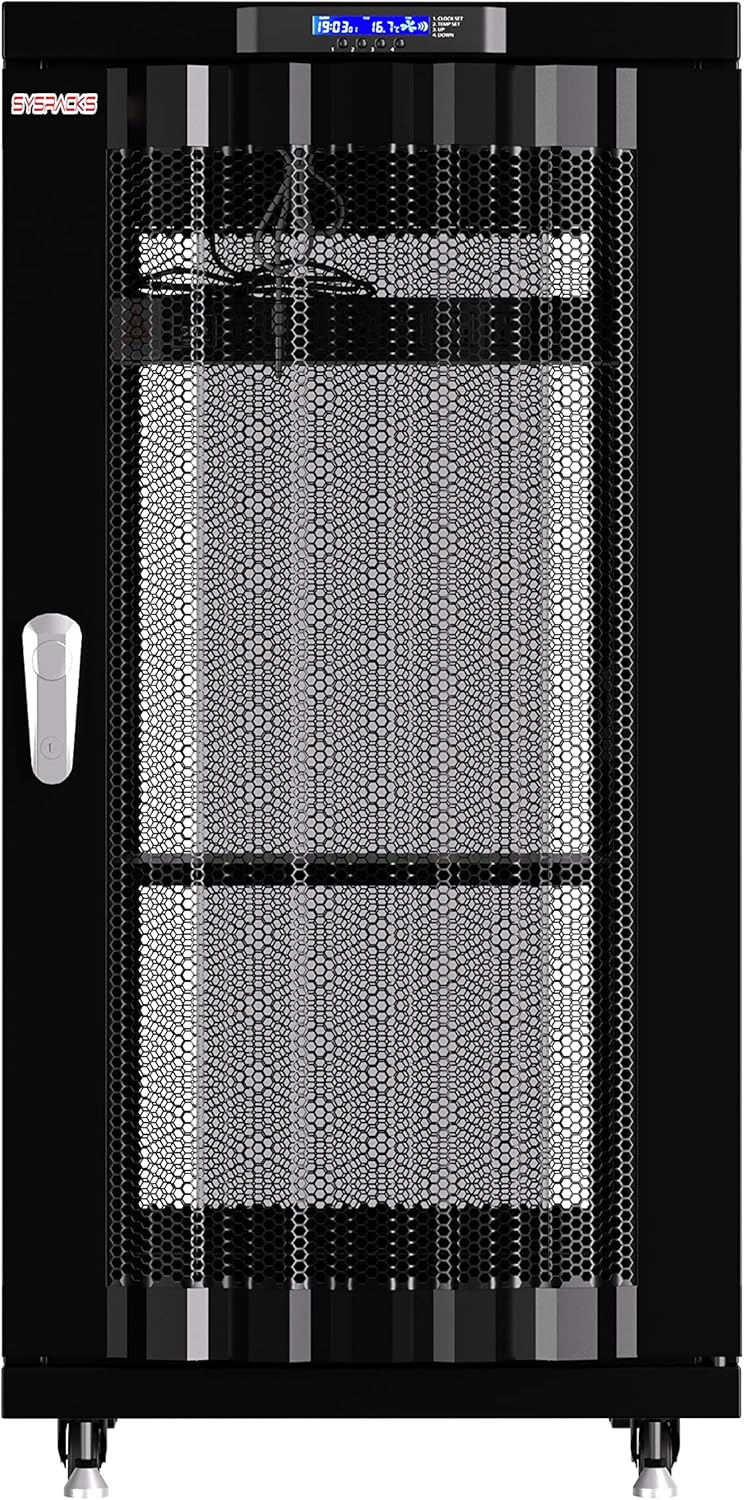 Server Rack on Wheels - 32-inch Deep Network Cabinet - Locking IT Enclosure Data Networking Cabinet - Vented Door - LCD Screen - THERMOSYSTEM - 4 X Fans - POWERBAR - Shelf (27U (24" w x32 d x58 h))