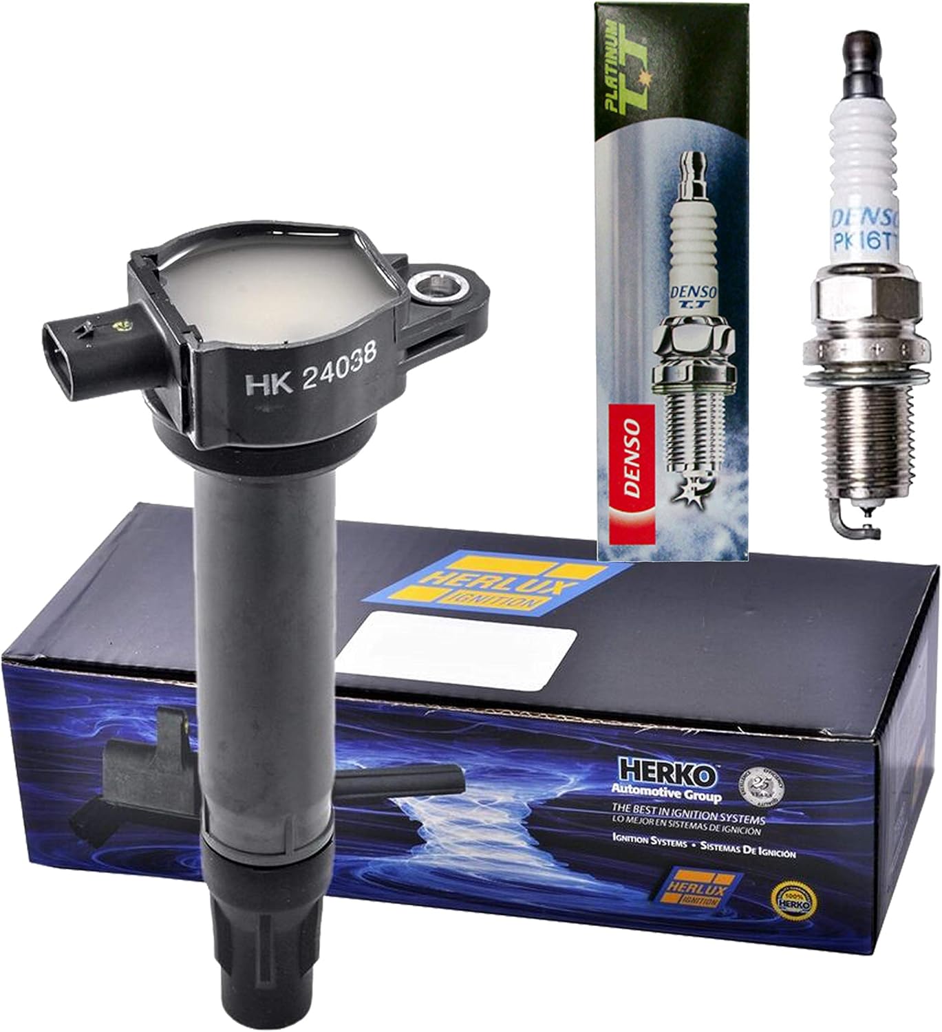 Set of 1 OEM 4503 PK16TT Platinum TT Spark Plug + 1 Herko B138 Ignition Coil For Caliber Compass Patriot