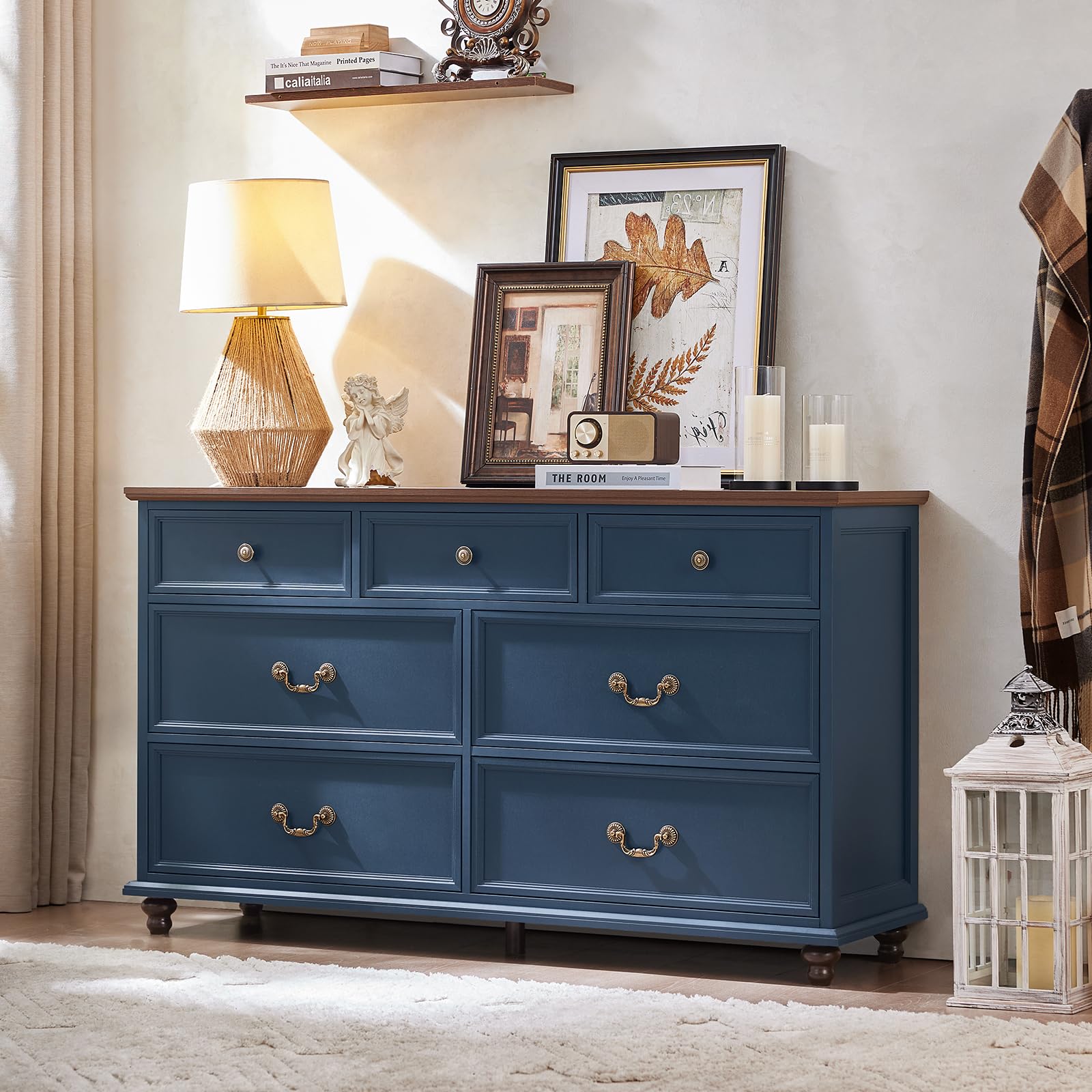 Joaxswe Farmhouse 7 Drawers Dresser for Bedroom, Navy Blue 54 Inch Wide Chest of Drawers w/ 4 Wooden Legs, Vintage Rustic Closet Dressers for Living Room, Large Wood TV Stand with Storage Organizer