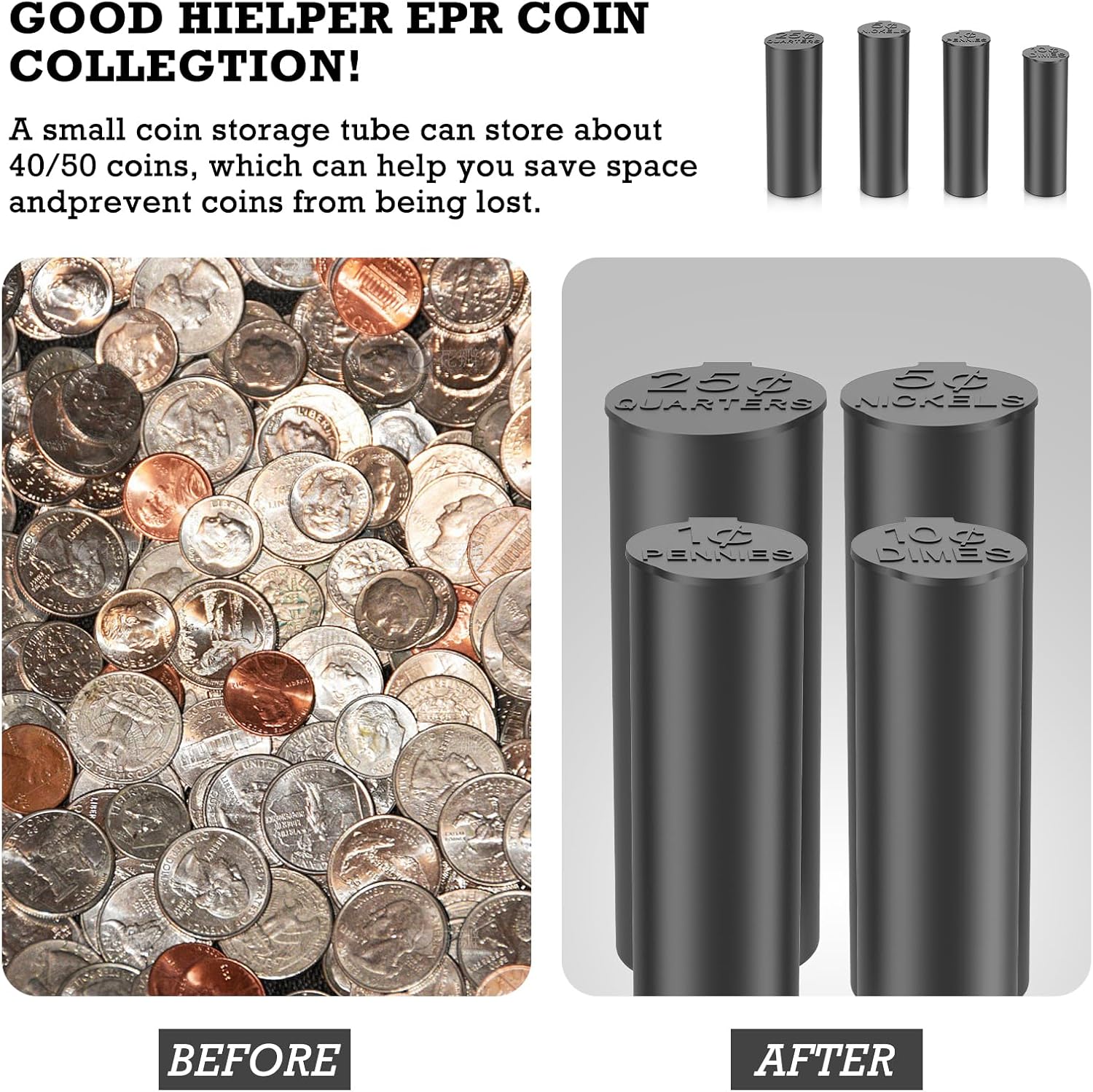 Coin Storage Tubes Set, 50 Capacity, Pennies, Black，a box 25pcs