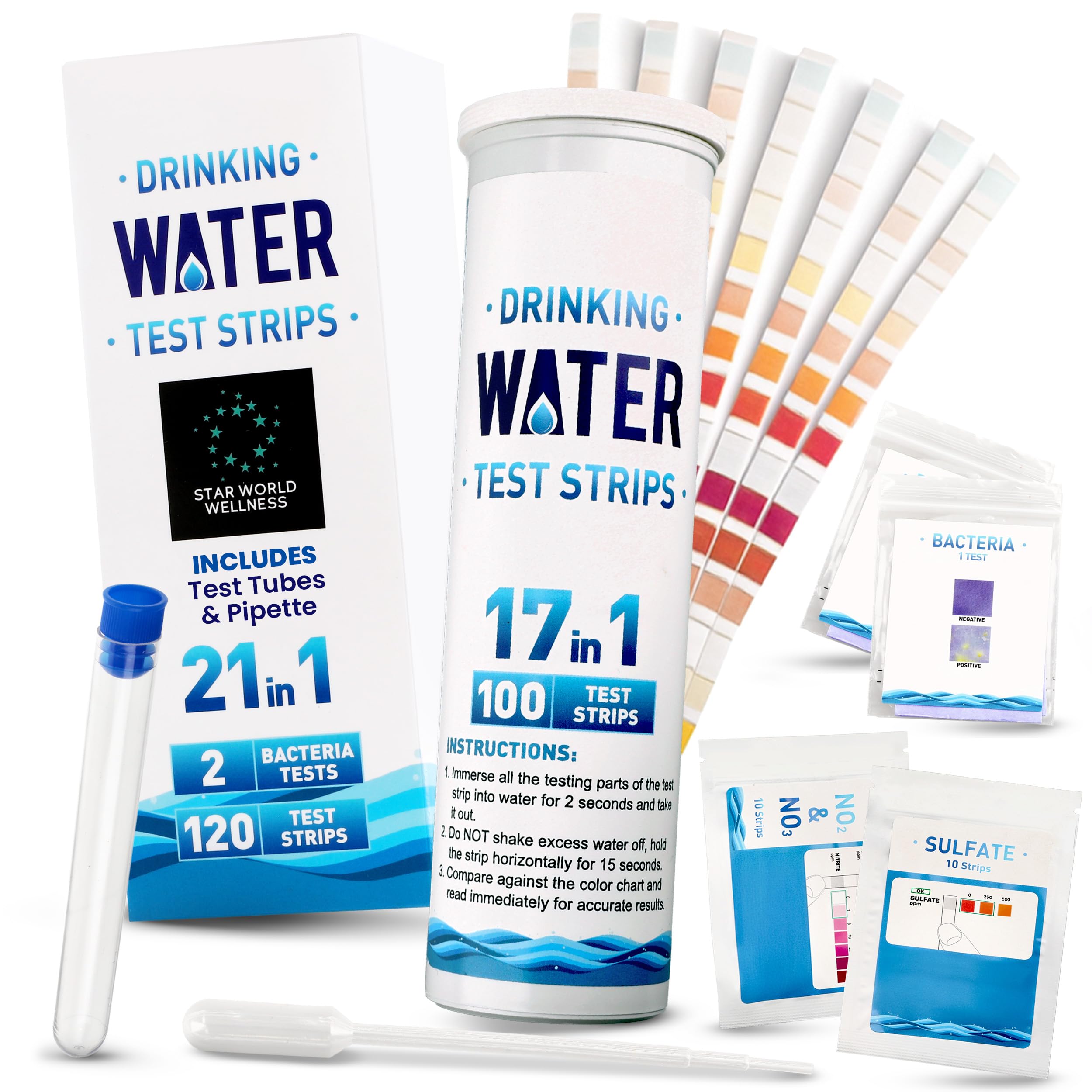 21 in 1, kit di test dell'acqua potabile, 120 strisce reattive + 2 test batteri. Test di qualità dell'acqua del rubinetto e del pozzo per piombo, pH, durezza, cloro, nitrato