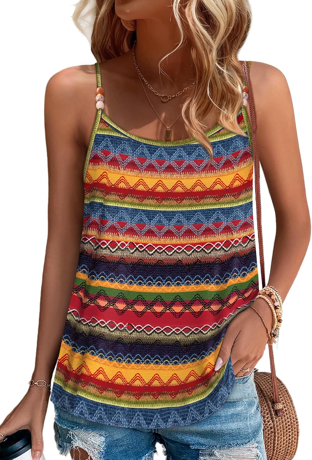 Tank Tops for Women Beaded Spaghetti Strap Cami Flowy Scoop Neck Sleeveless Summer Beach Vacation Spring Clothes image 5