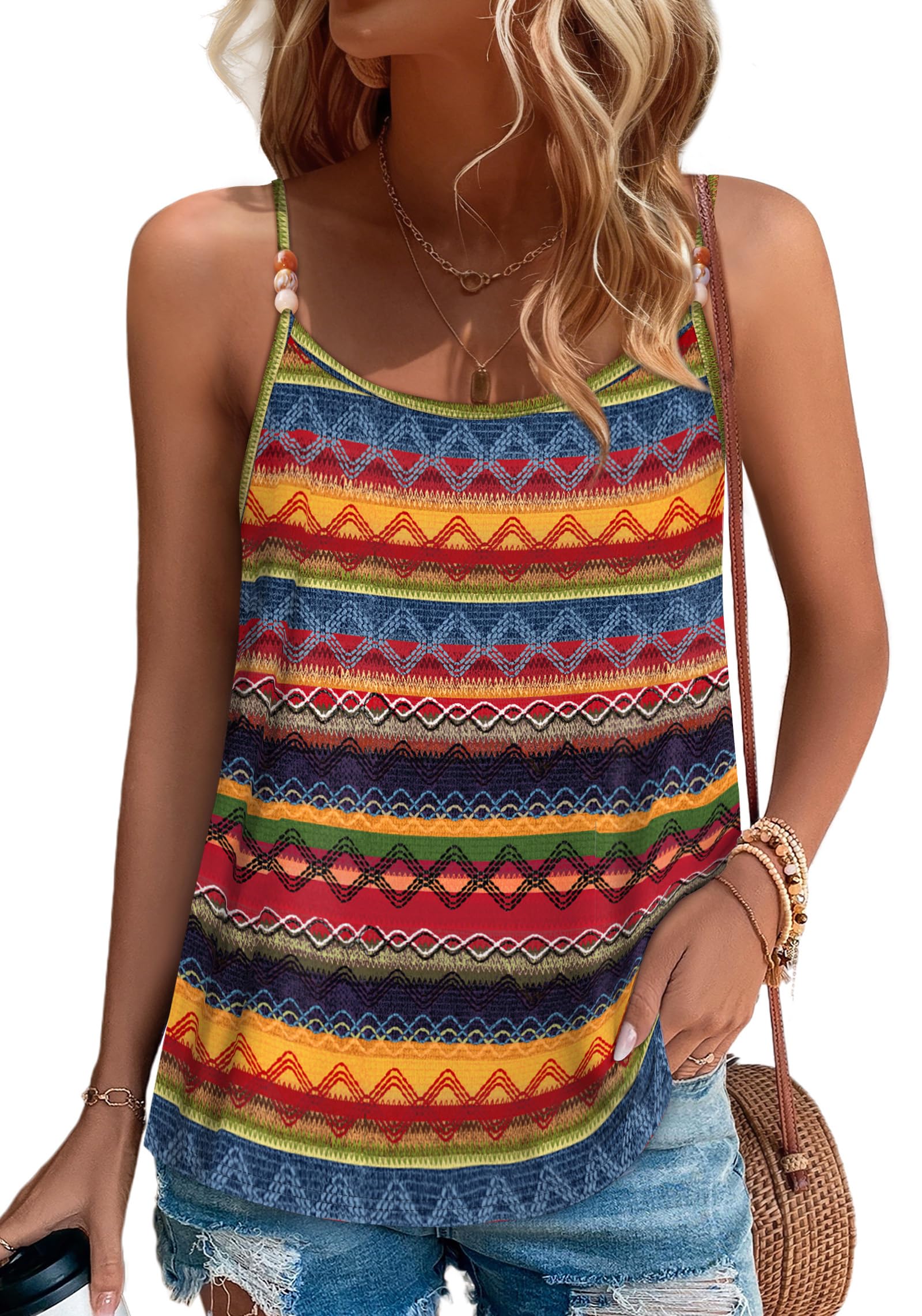 WIHOLL Tank Tops for Women Beaded Spaghetti Strap Cami Flowy Scoop Neck Sleeveless Summer Beach Vacation Spring Clothes — view 5