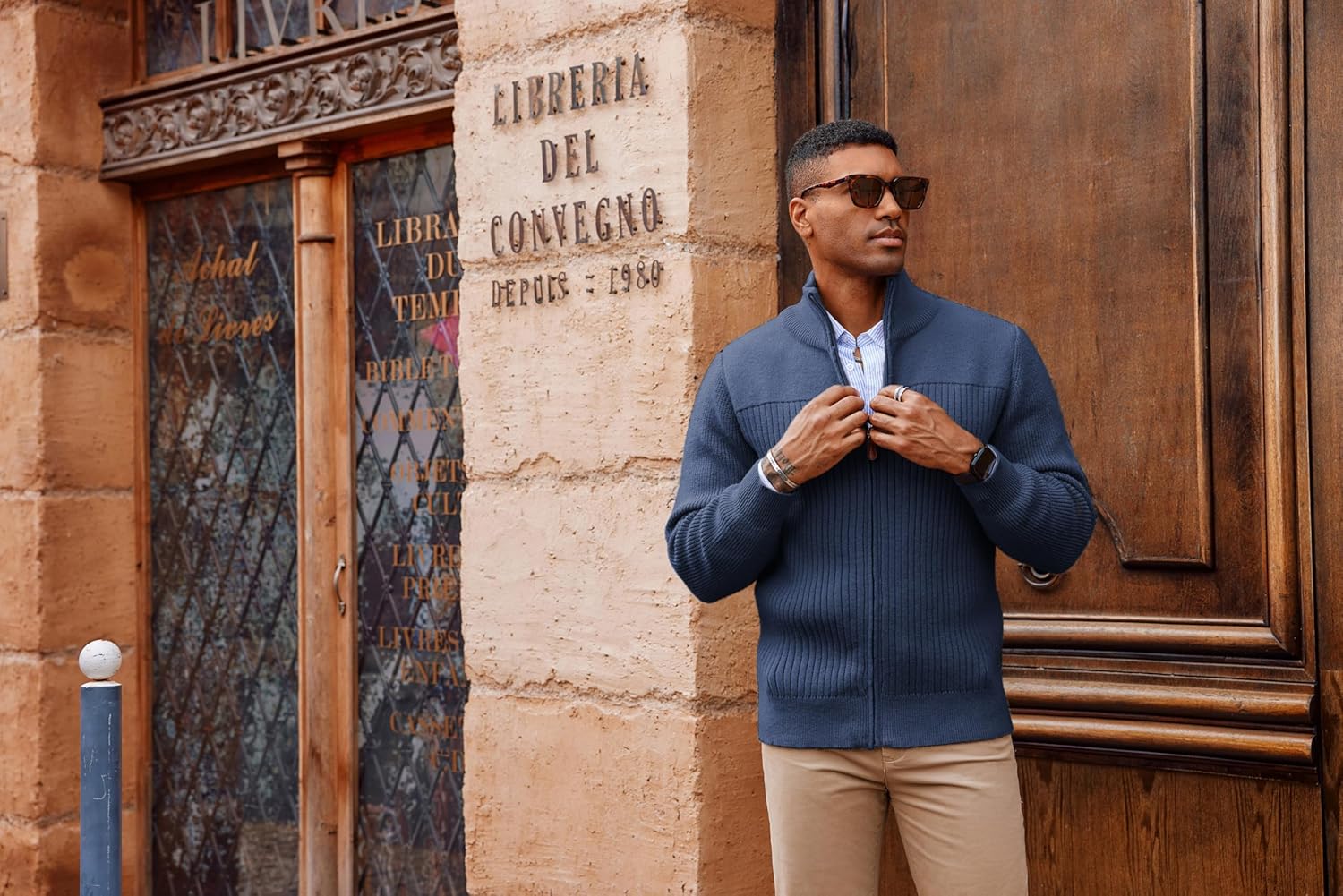 PJ PAUL JONES Men's Full Zipper Cardigan Casual Stand Collar Cardigan Sweater Ribbed Knit Long Sleeve Sweater - Image 3