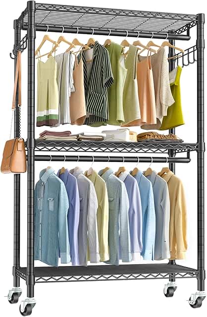 VIPEK V12 Heavy Duty Rolling Garment Rack 3 Tiers Adjustable Wire Shelving Clothes Rack with Double Rods and Lockable Whee...