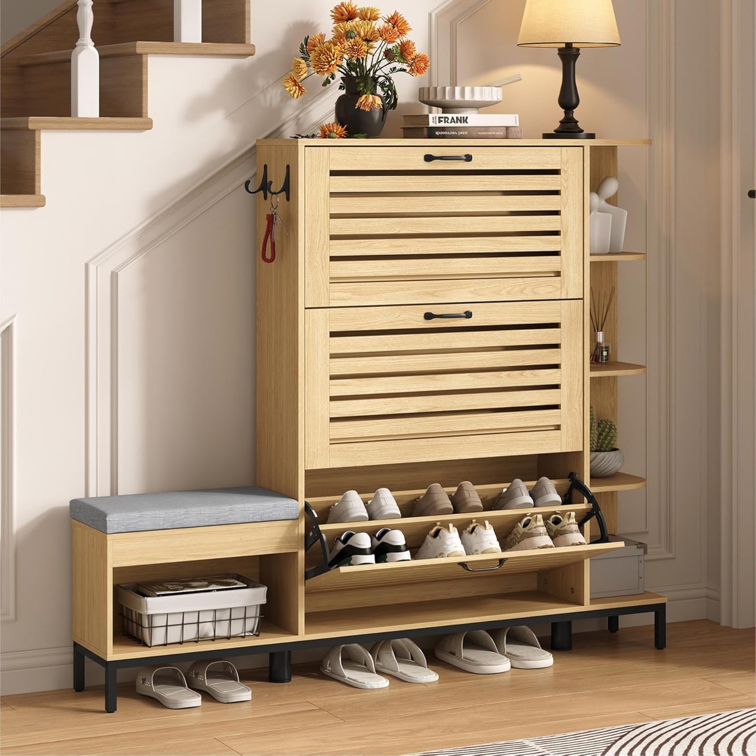 Maupvit Narrow Shoe Cabinet with Bench for Entryway, 3 Flip Louvered Doors & Side Storage Cabinet, 44" H Shoes Organizer with Upholstered Seat & Hooks for Front Door Entrance, Oak