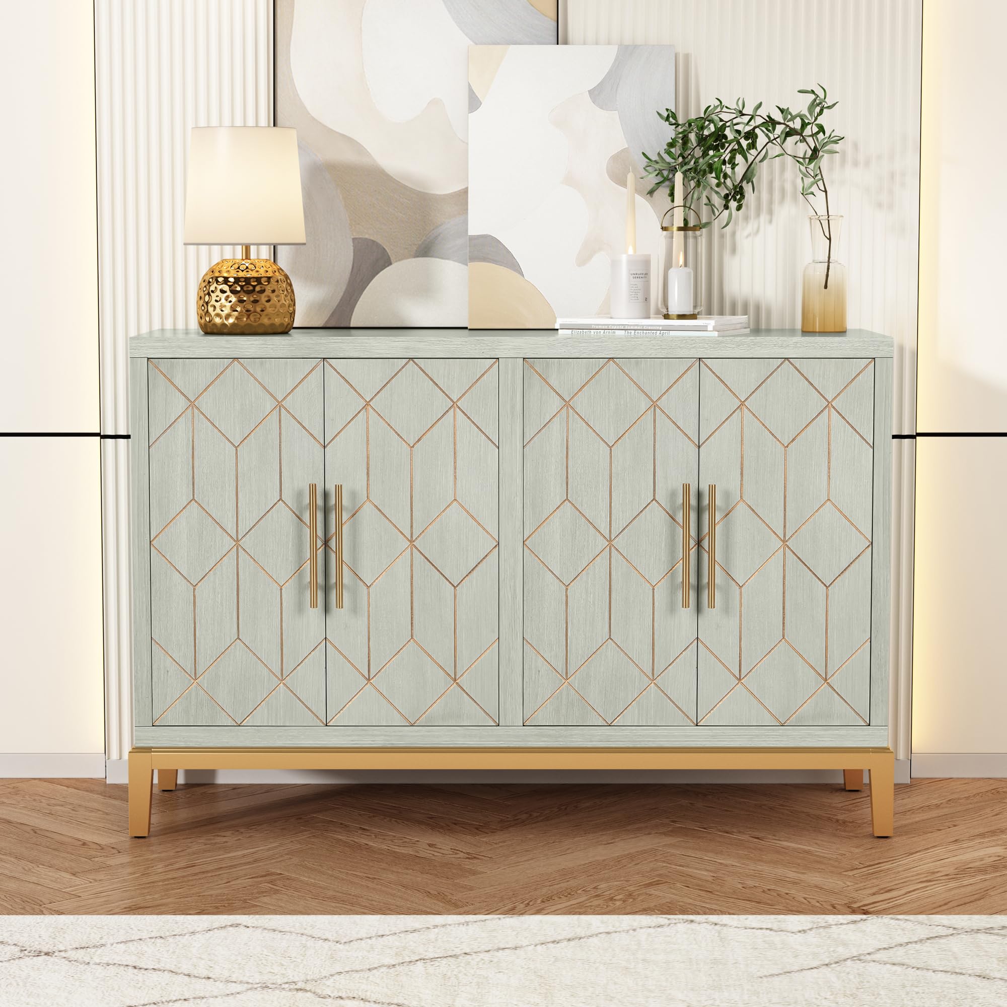 HOLTICO Sideboards for Living Room with 4 Doors, Morden Accent Cabinet, Green Wooden Buffet Storage Cabinets, Sideboard Living Room, Dining Room, Kitchen, Hallway