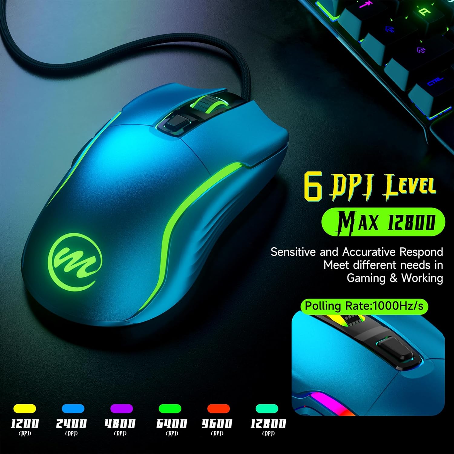 memzuoix Wired Gaming Mouse with RGB - 6 Adjustable DPI up to 12800, 6 Buttons, 12 Lighting Modes, Ergonomic Design with Anti-Slip Rubber Wheel, 5.6ft Braided Cable for PC/Mac/Windows - Blue