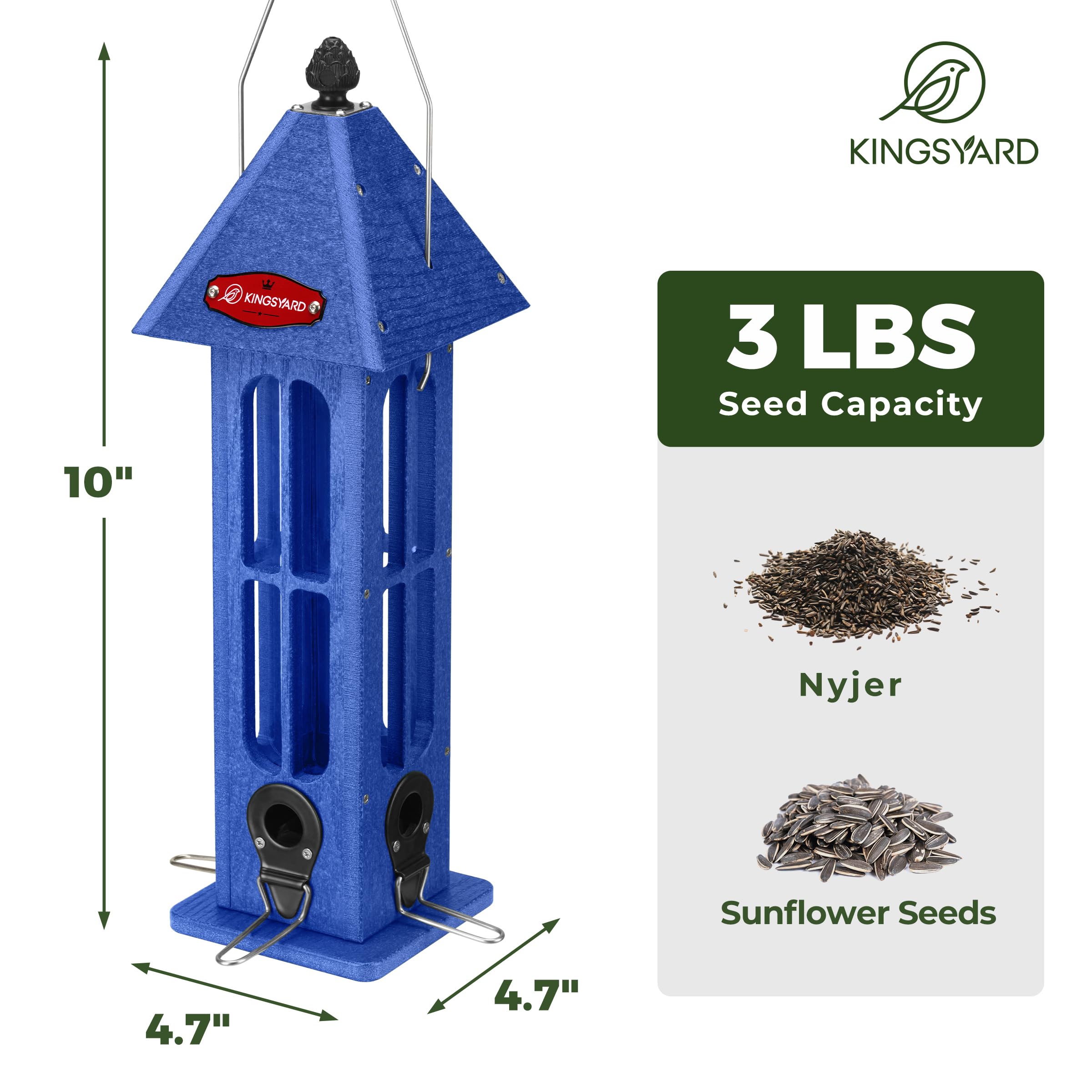 Kingsyard Comedero impermeable para pájaros para colgar al aire libre, comedero de plástico reciclado para pájaros silvestres con 4 puertos de metal, decoración de jardín para pinzones cardenales,
